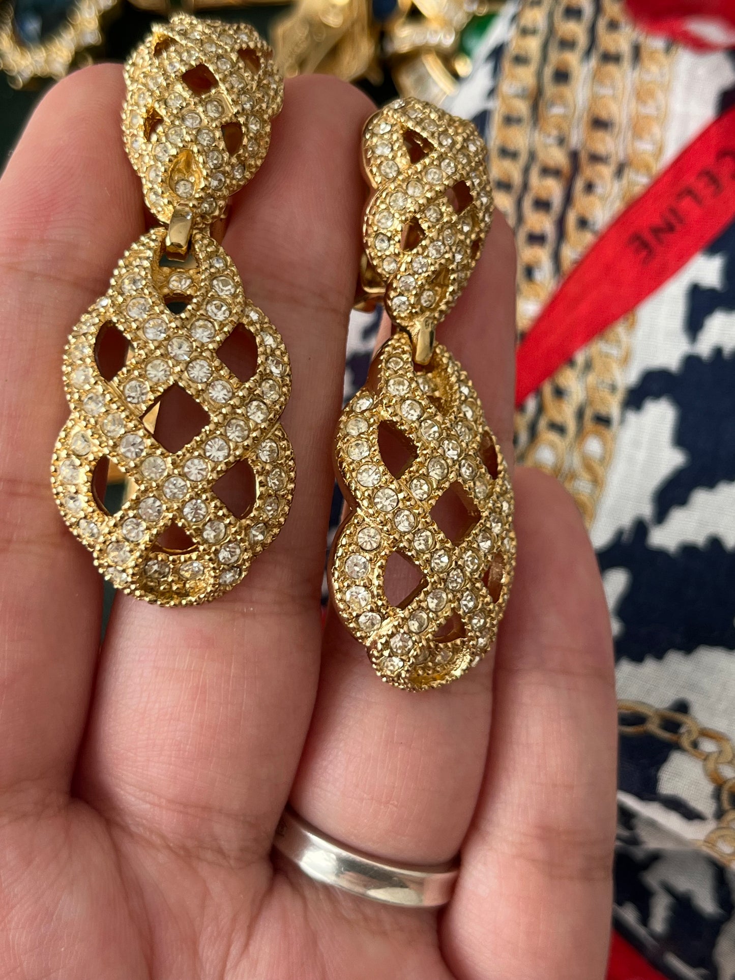 Vintage Christian Dior "Lace" Collection Hollow Braided Teardrop Dangle Drop Rhinestone Gold-Tone Clip-On Earrings