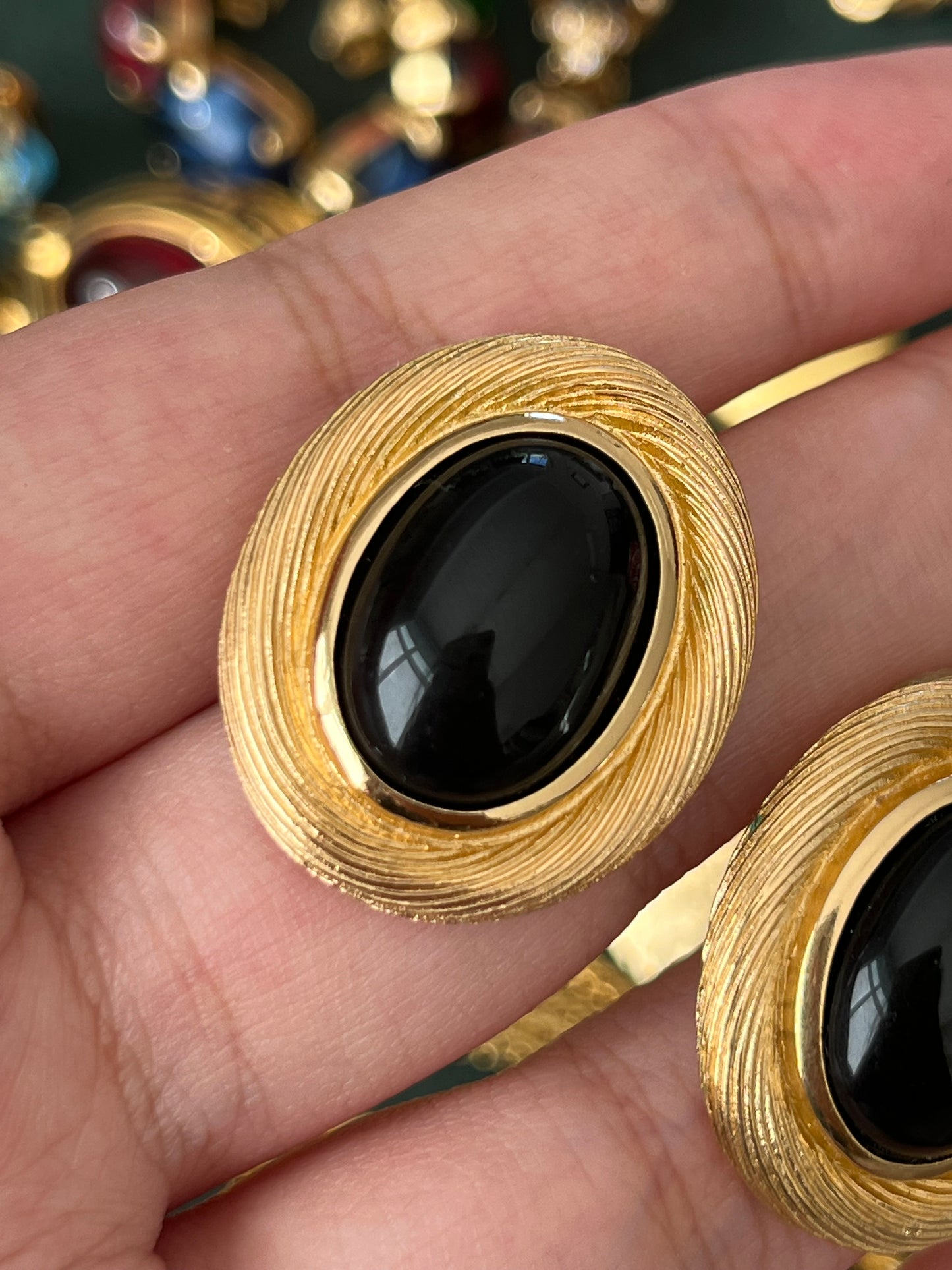 Vintage Christian Dior Oval Black Poured Glass Cabochon Brushed Gold Edge 14k Gold Post Pierced Earrings