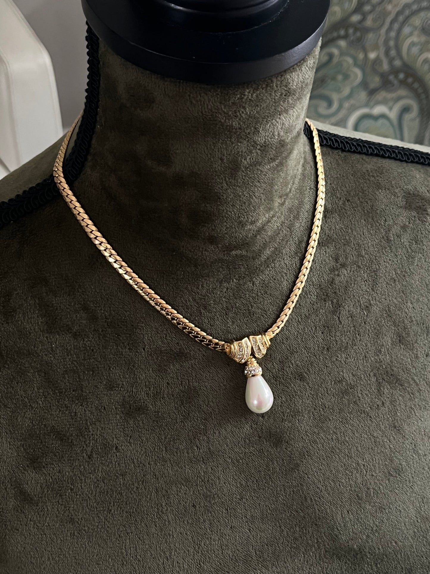 Vintage Christian Dior Rhinestone Knot Teardrop Pearl Drop Gold-Tone Necklace