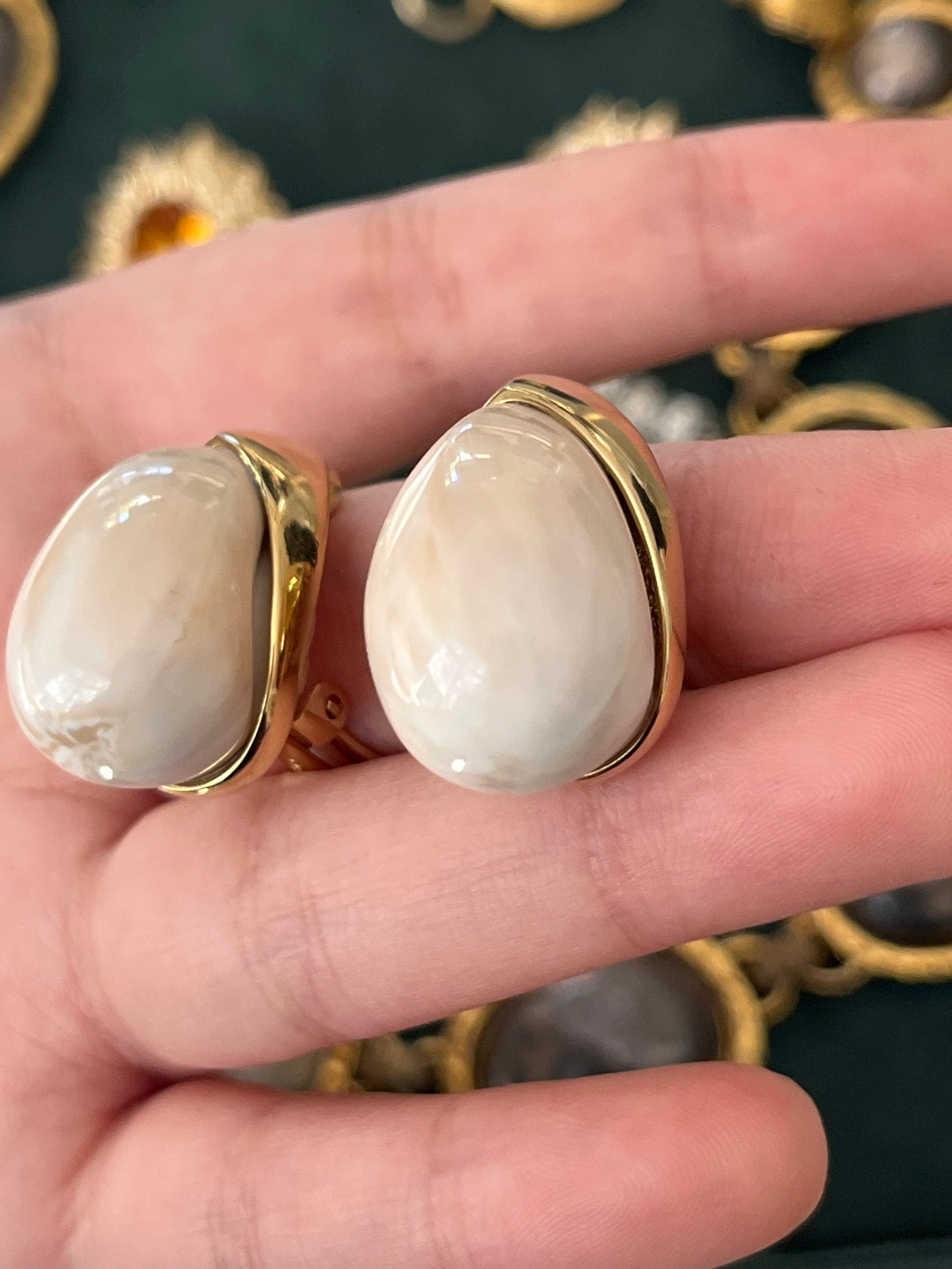 Vintage Givenchy Teardrop Cream Faux Marble Shell Resin Cabochon Gold-Tone Clip-On Earrings