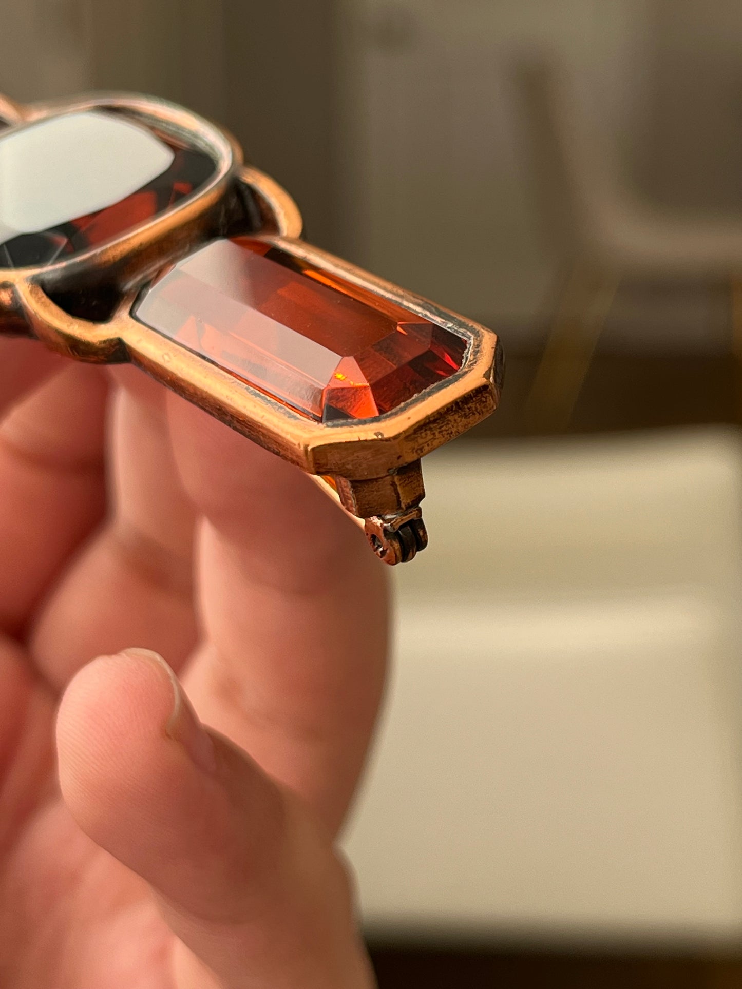 Vintage Yves Saint Laurent YSL Large Open Back Brown Rhinestone Rose Gold-Tone Bar Brooch