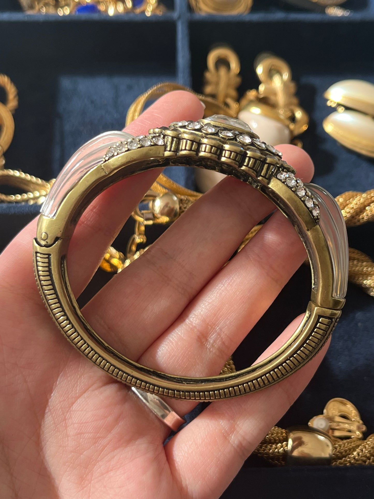 Vintage Heidi Daus 2010 "Collector's" Collection Oval Gray Rhinestone Mellon Lucite Bronze-Tone Bracelet Bangle