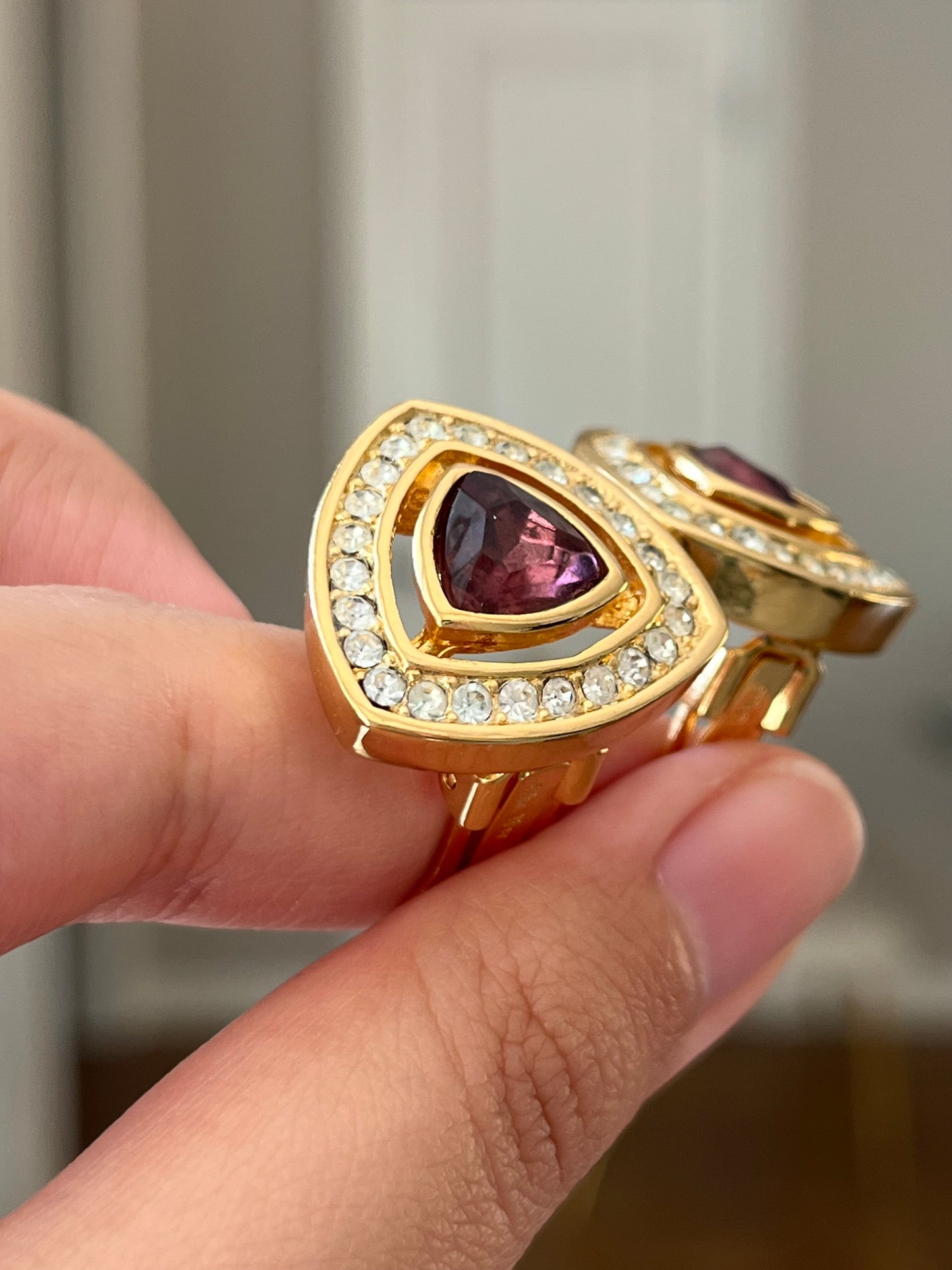 Vintage Christian Dior Triangular Purple Rhinestone Hollow Edge Gold-Tone Clip-On Earrings