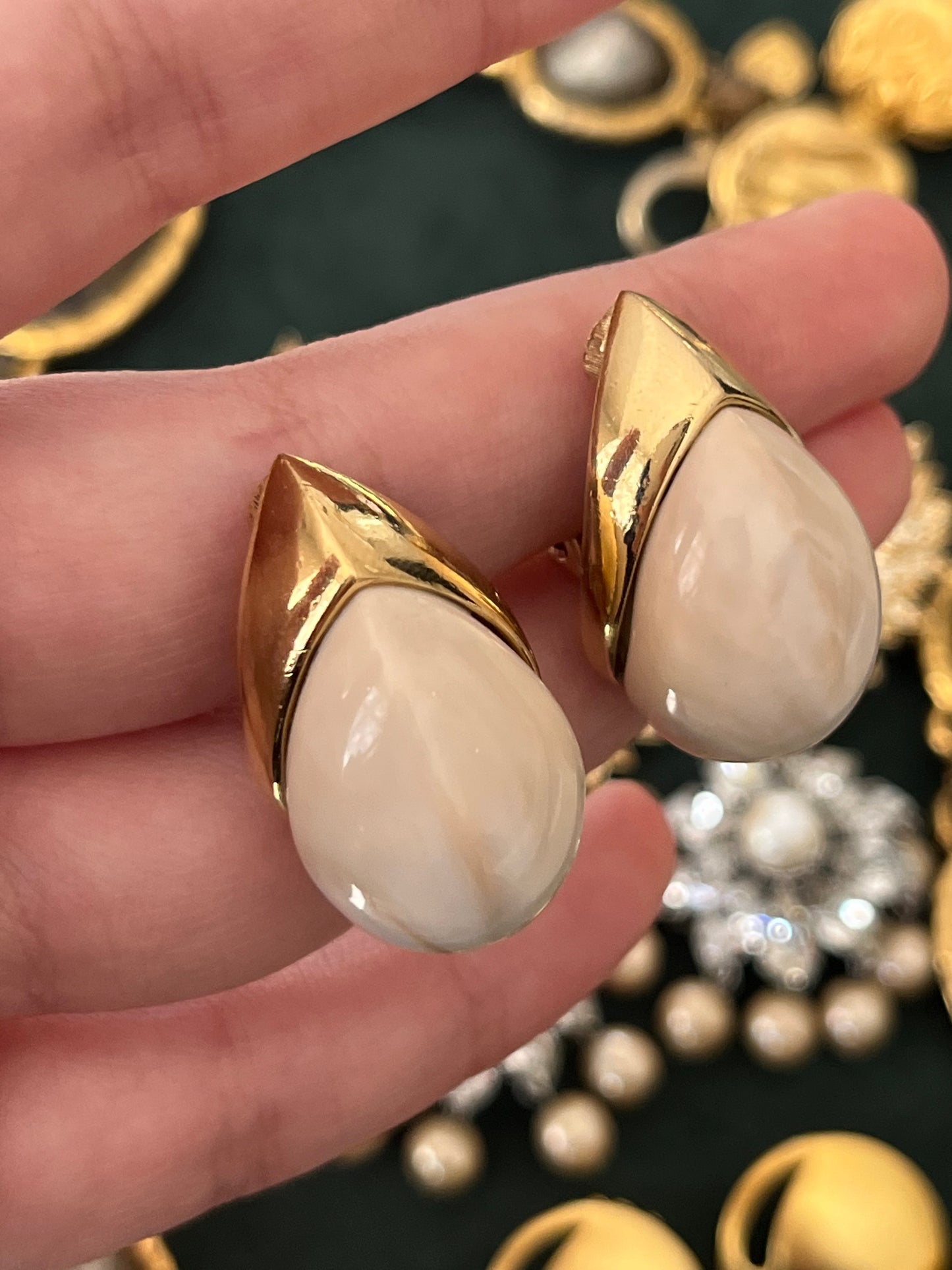 Vintage Givenchy Teardrop Cream Faux Marble Shell Resin Cabochon Gold-Tone Clip-On Earrings