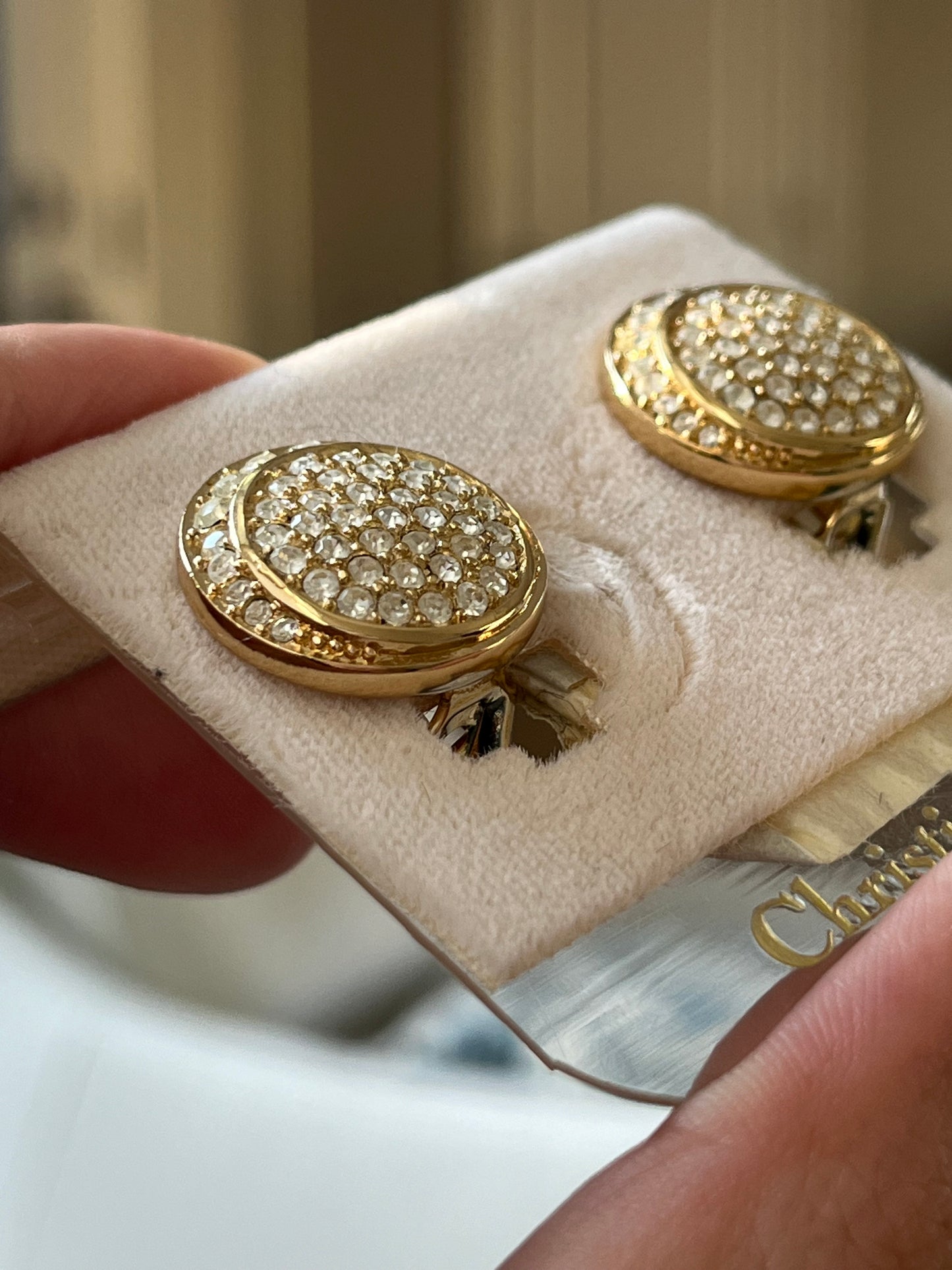 Vintage Christian Dior Rhinestone Pavé Round Gold-Tone Clip-On Earrings with Card