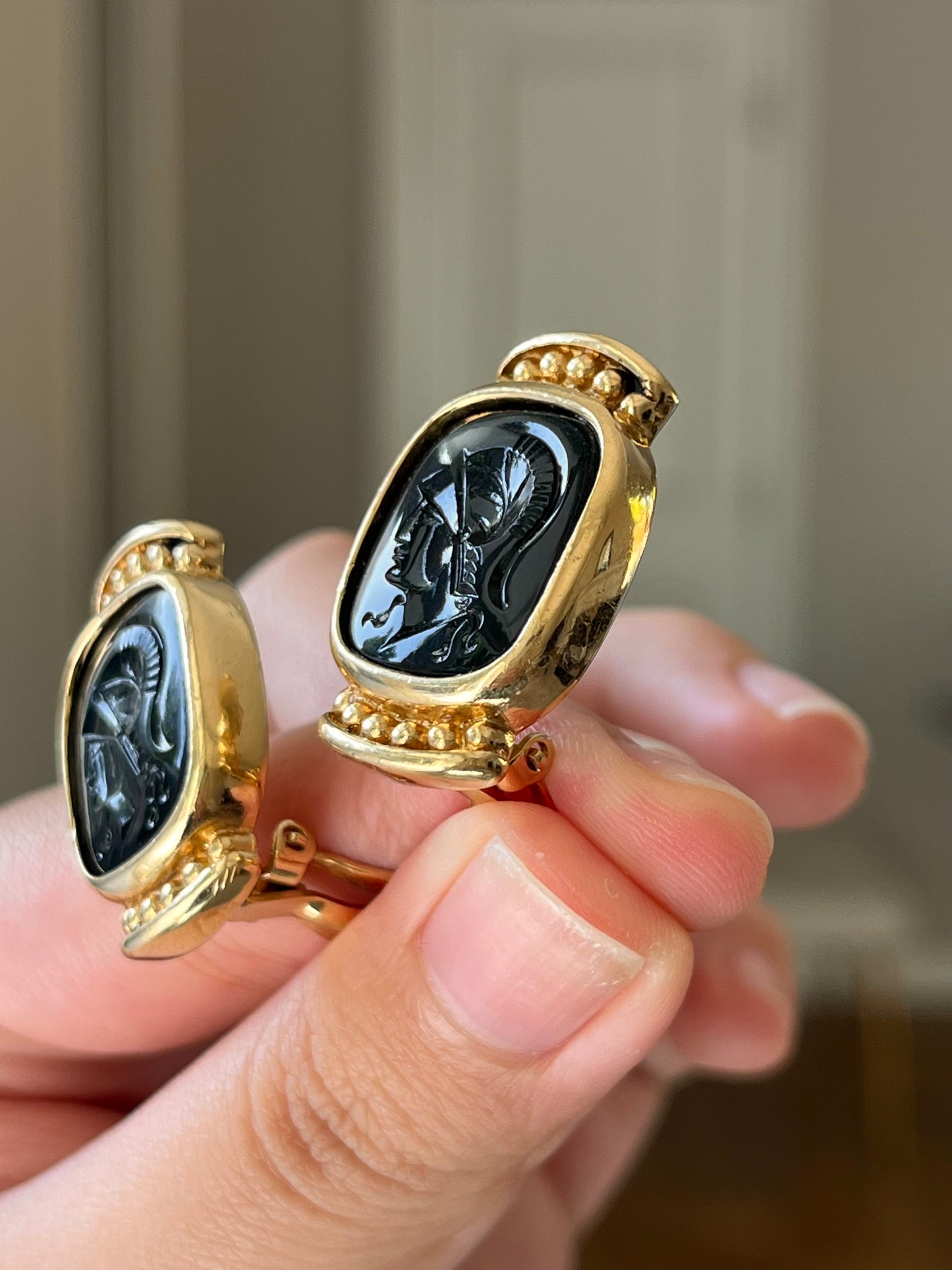 Vintage Givenchy Greek Hoplite Cameo Black Molded Glass Cabochon Gold-Tone Clip-On Earrings