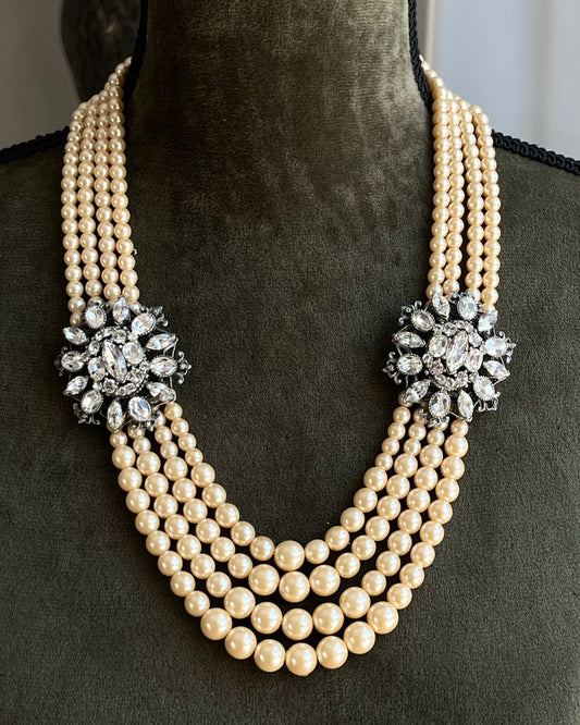 Vintage Ben-Amun Maltese Flower Accent Pearl Beaded Four-Stranded Layered Long Silver-Tone Statement Necklace