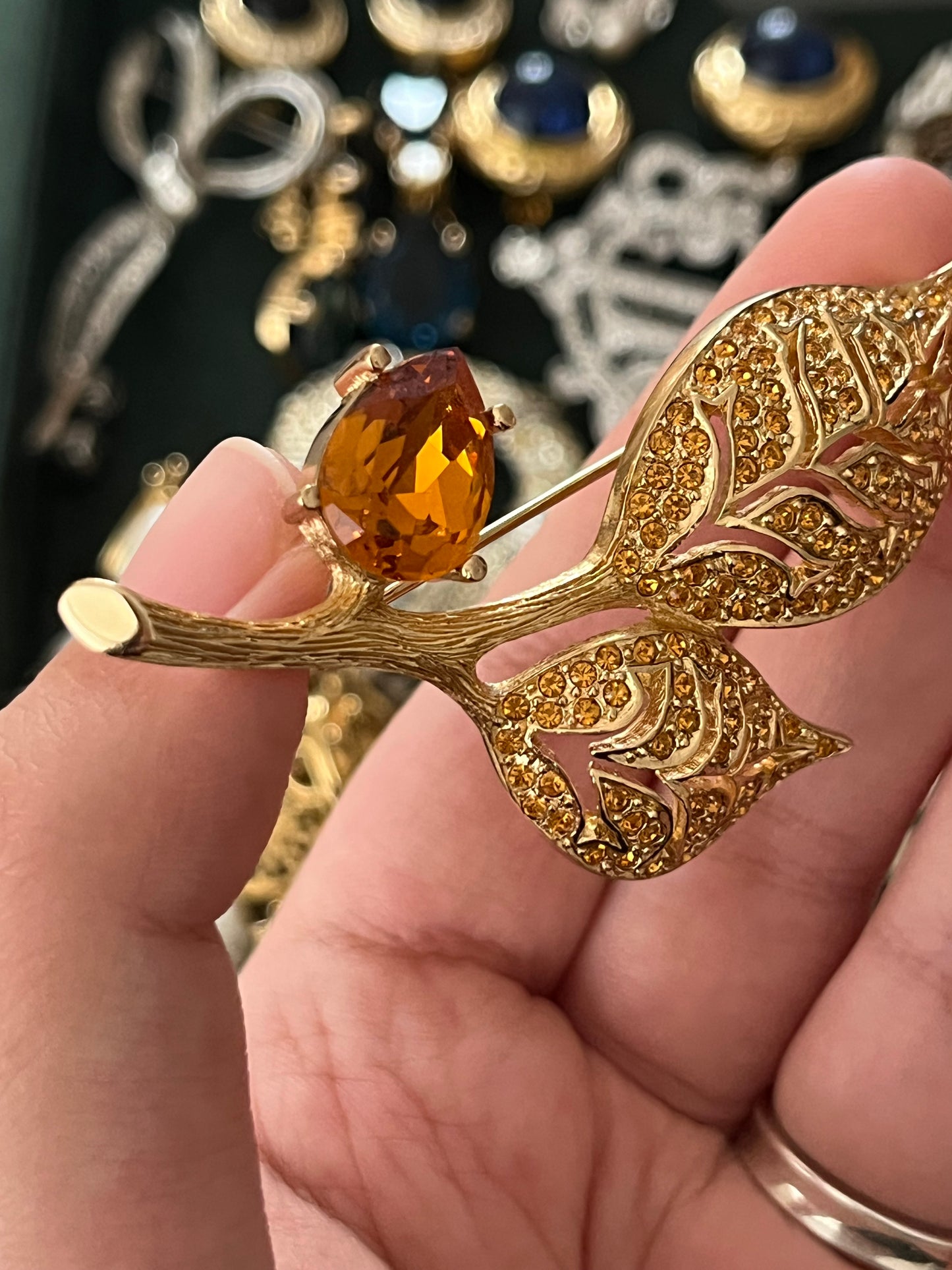 Vintage Christian Dior Leaf Branch Teardrop Orange Rhinestone Prong Gold-Tone Brooch