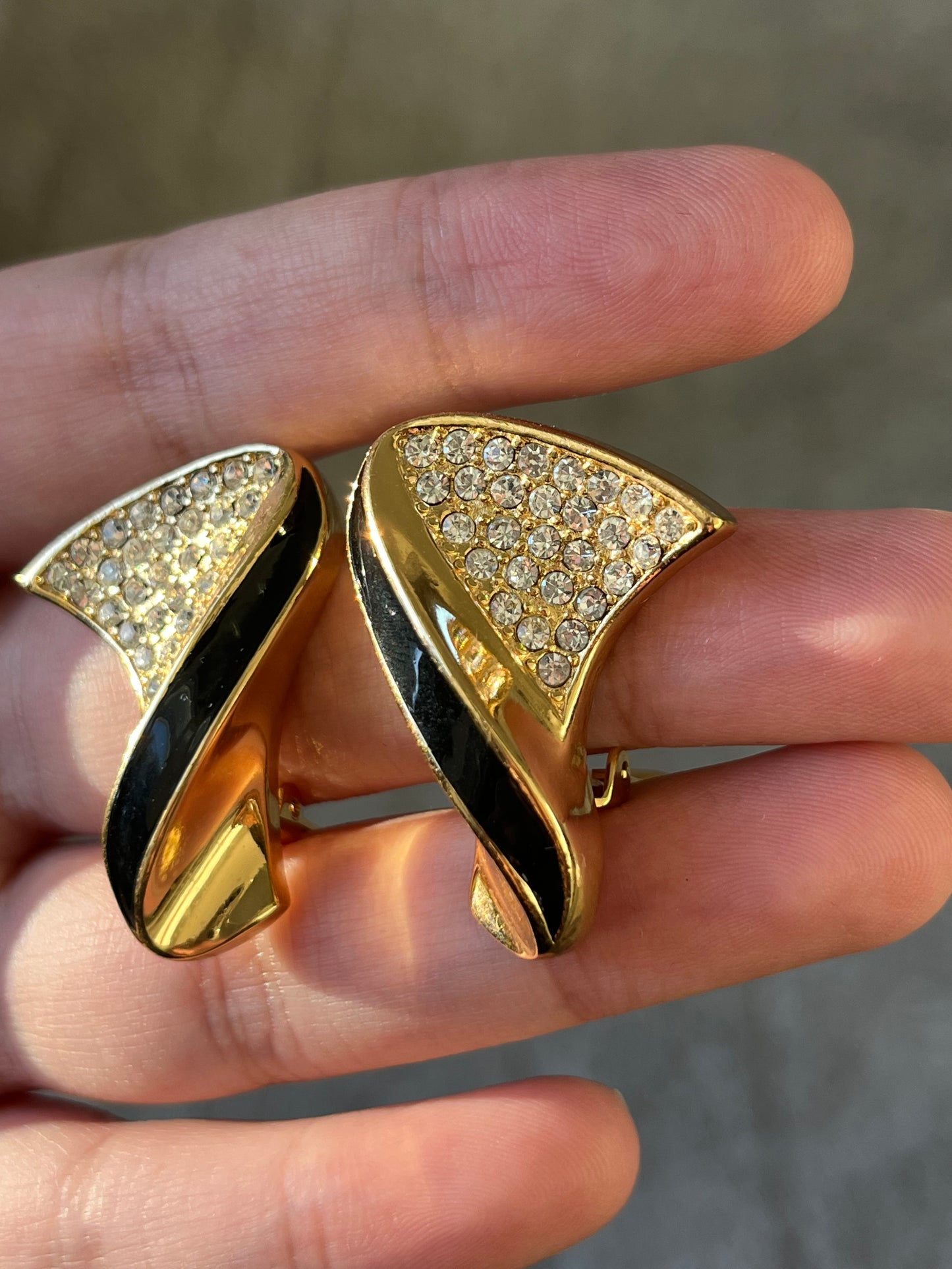 Vintage Christian Dior Classic Twisted Fan Black Enamel Rhinestone Pavé Gold-Tone Clip-On Earrings