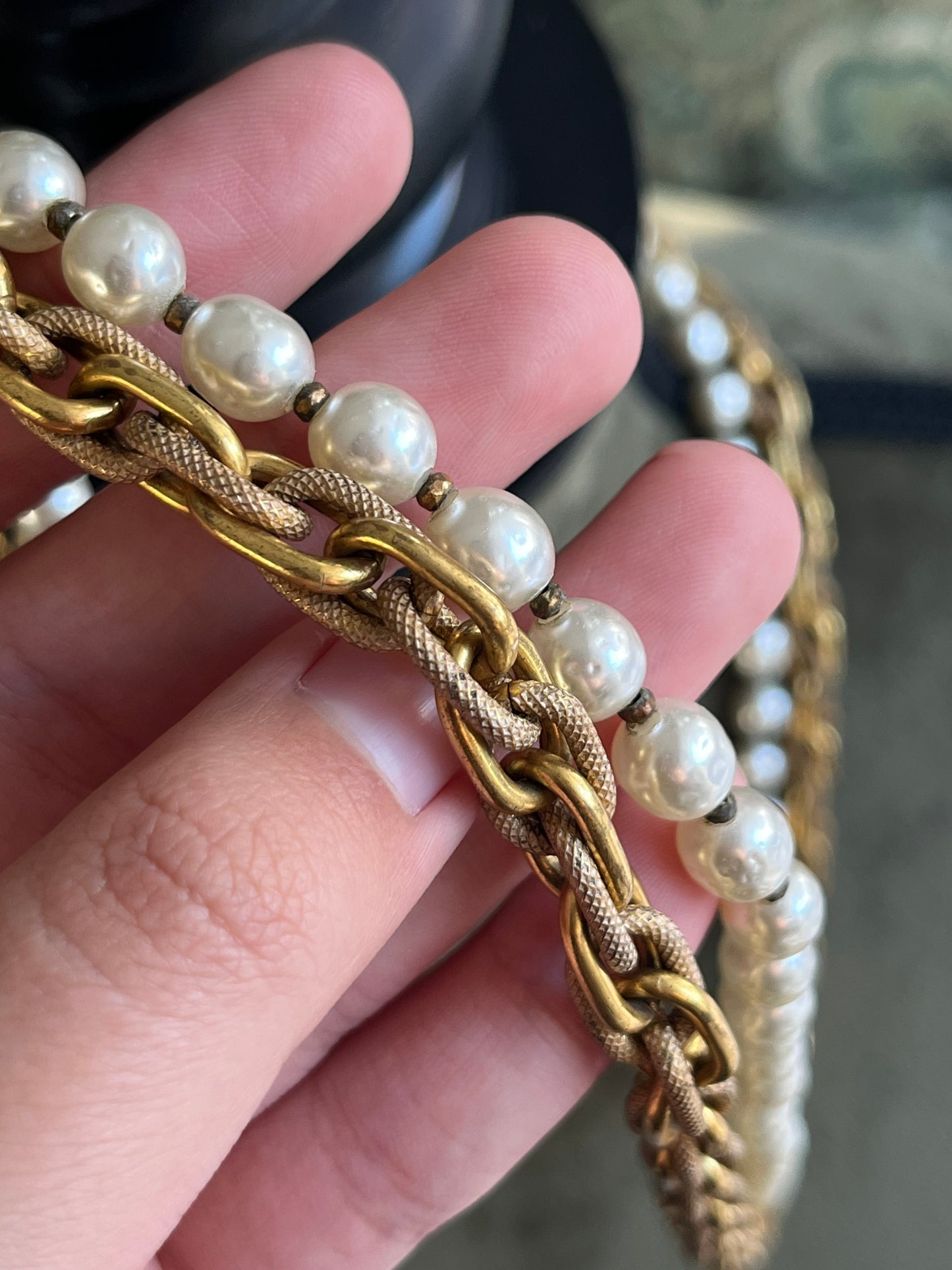 Vintage Miriam Haskell Classic "Niki" Baroque Glass Pearl Bronze-Tone Chain Long Necklace Set