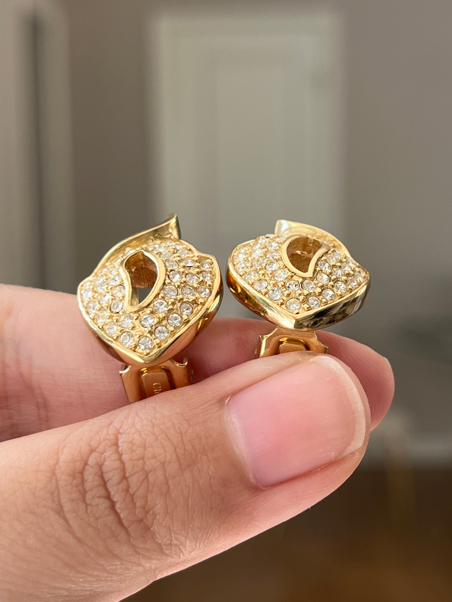 Vintage Christian Dior Pedal Flame Rhinestone Pavé Gold-Tone Clip-On Earrings