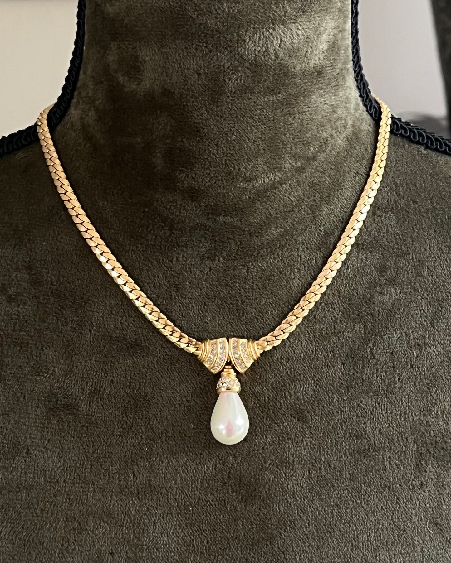 Vintage Christian Dior Rhinestone Knot Teardrop Pearl Drop Gold-Tone Necklace
