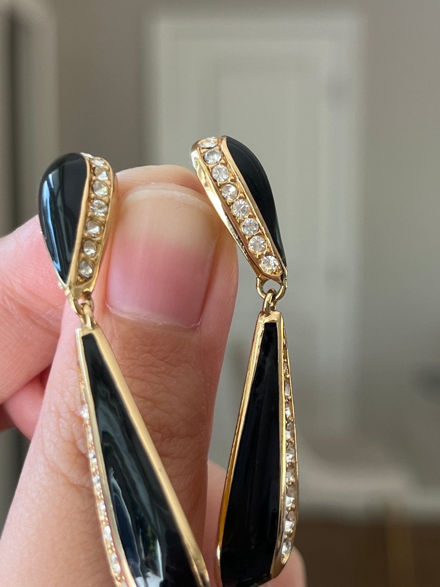 Vintage Christian Dior Teardrop Dangle Drop Black Enamel Rhinestone Gold-Tone 14k Gold Post Pierced Earrings