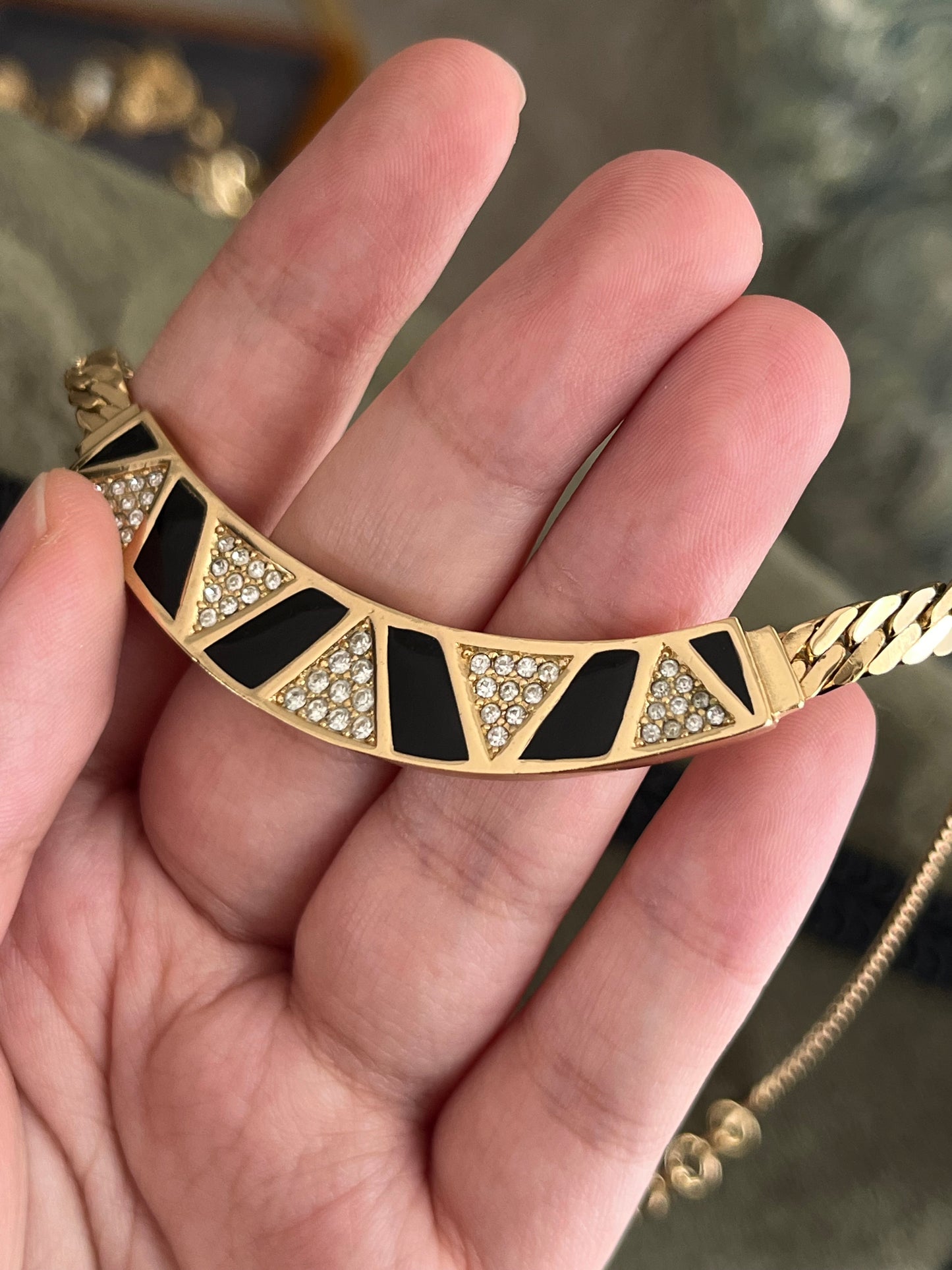 Vintage Christian Dior "Zebra" Crescent Moon Hoop Black Enamel Rhinestone Pavé Gold-Ton Chain Necklace