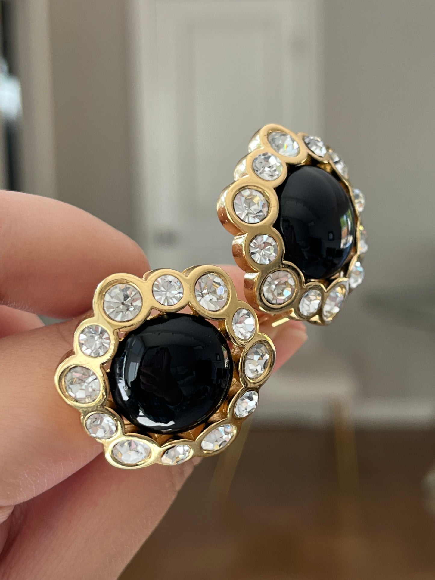 Vintage Christian Dior Flower Round Black Poured Glass Cabochon Large Rhinestone Edge Gold-Tone Clip-On Earrings