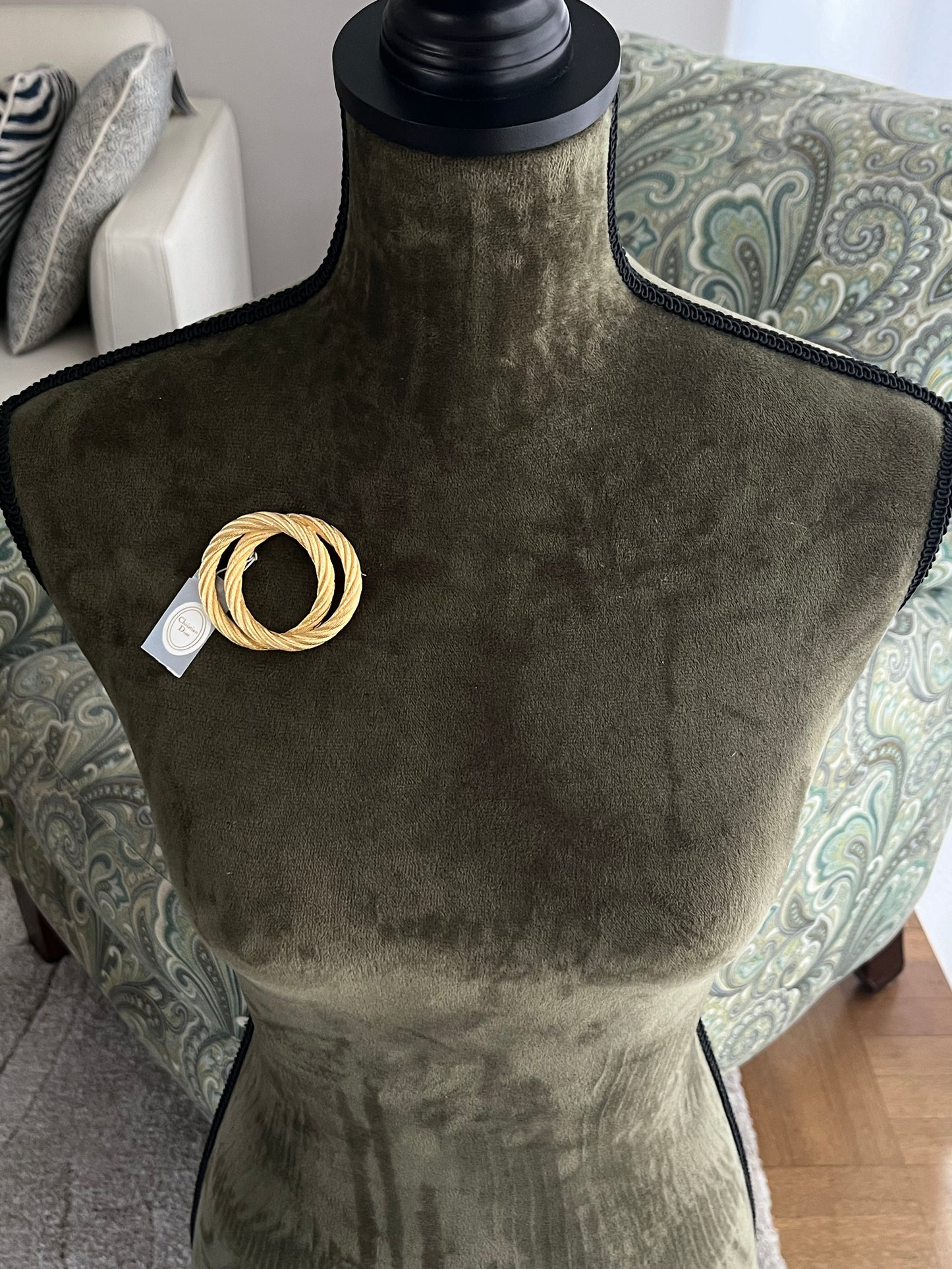 Vintage Christian Dior "Rope" Collection Double Knot Brushed Gold Gold-Tone Round Brooch New in Box