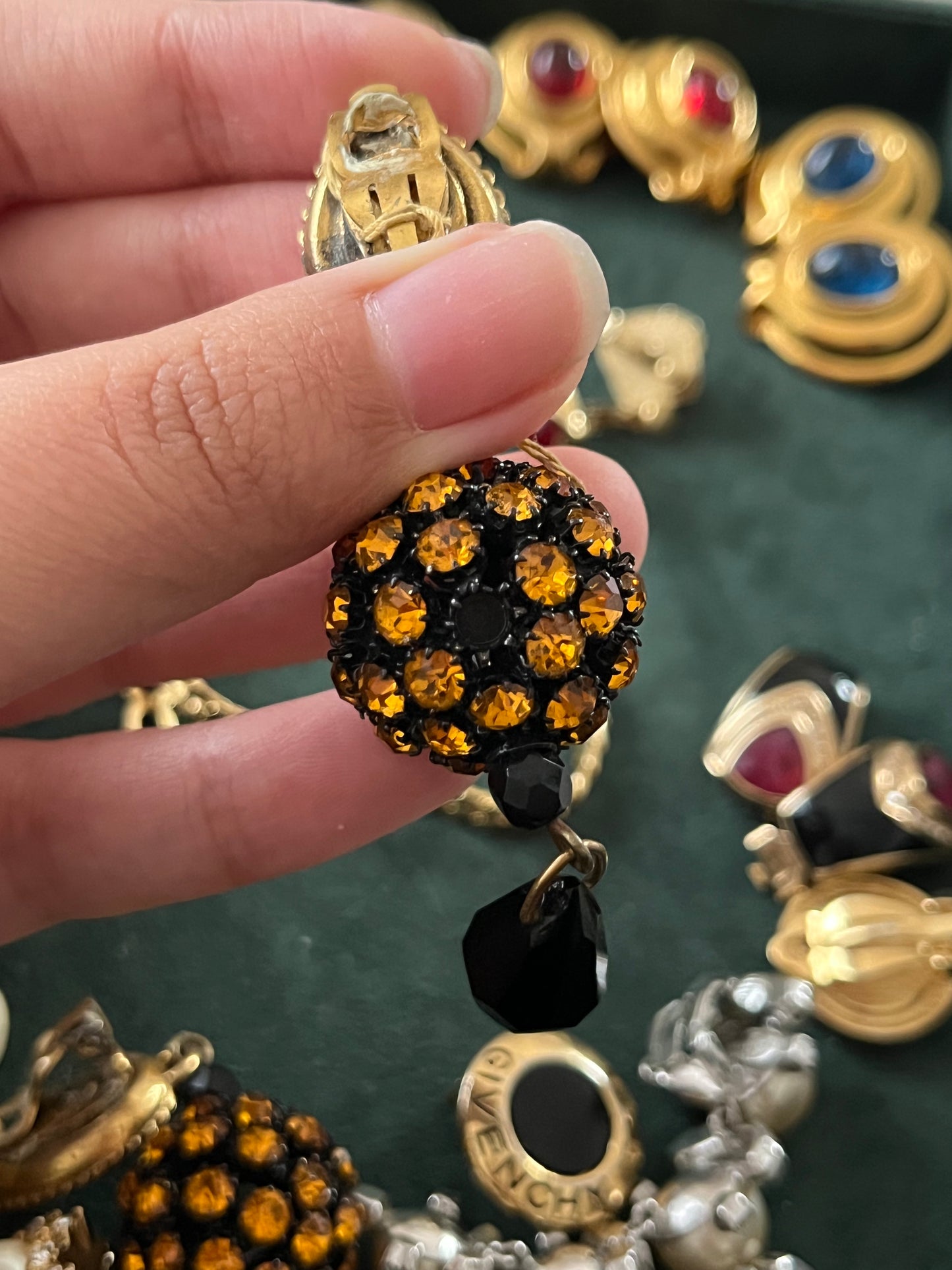 Vintage Yves Saint Laurent Rive Gauche YSL Orange Rhinestone Ball Dangle Drop Long Shoulder Brush Gold-Tone Clip-On Earrings