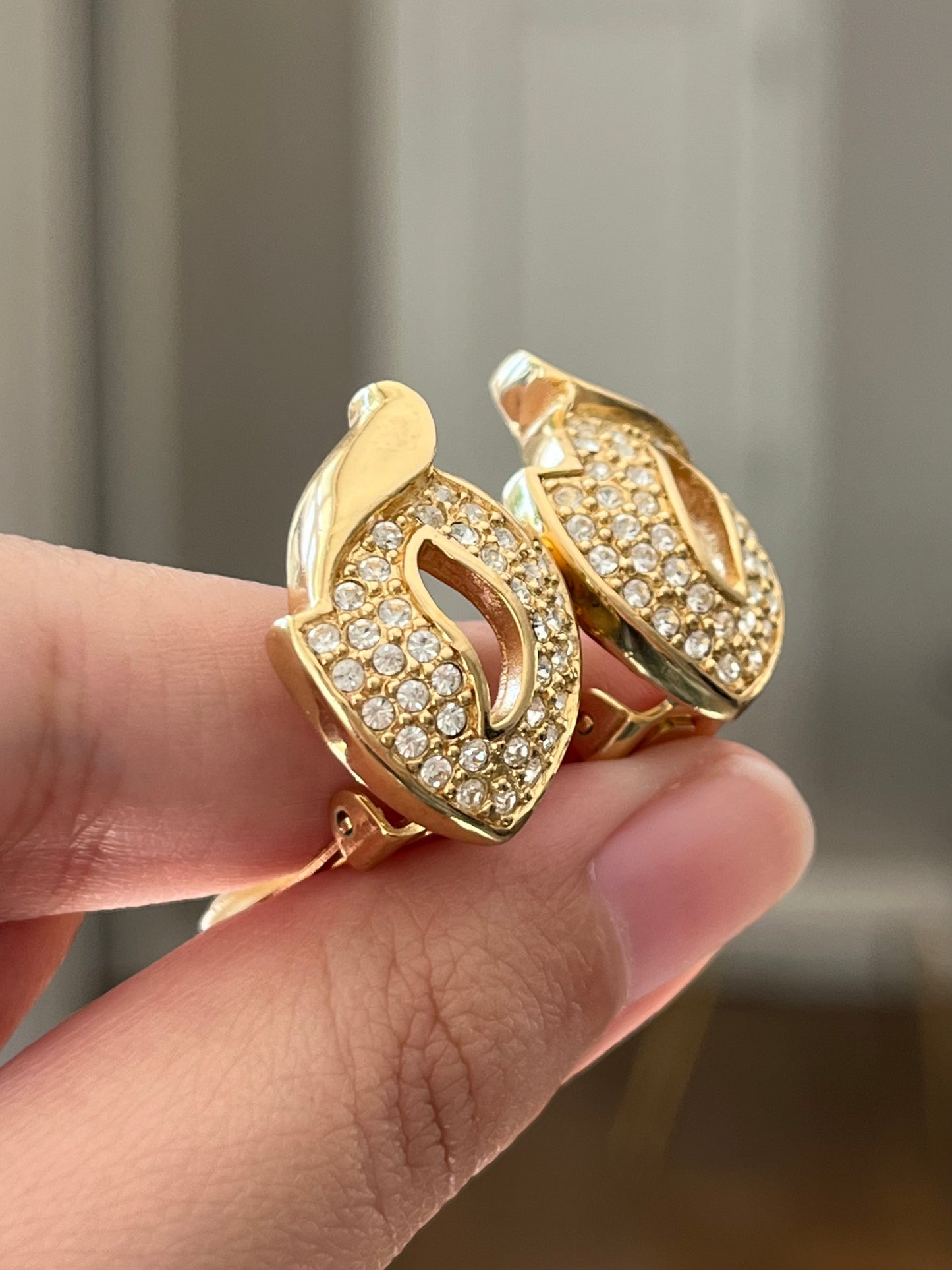 Vintage Christian Dior Pedal Flame Rhinestone Pavé Gold-Tone Clip-On Earrings