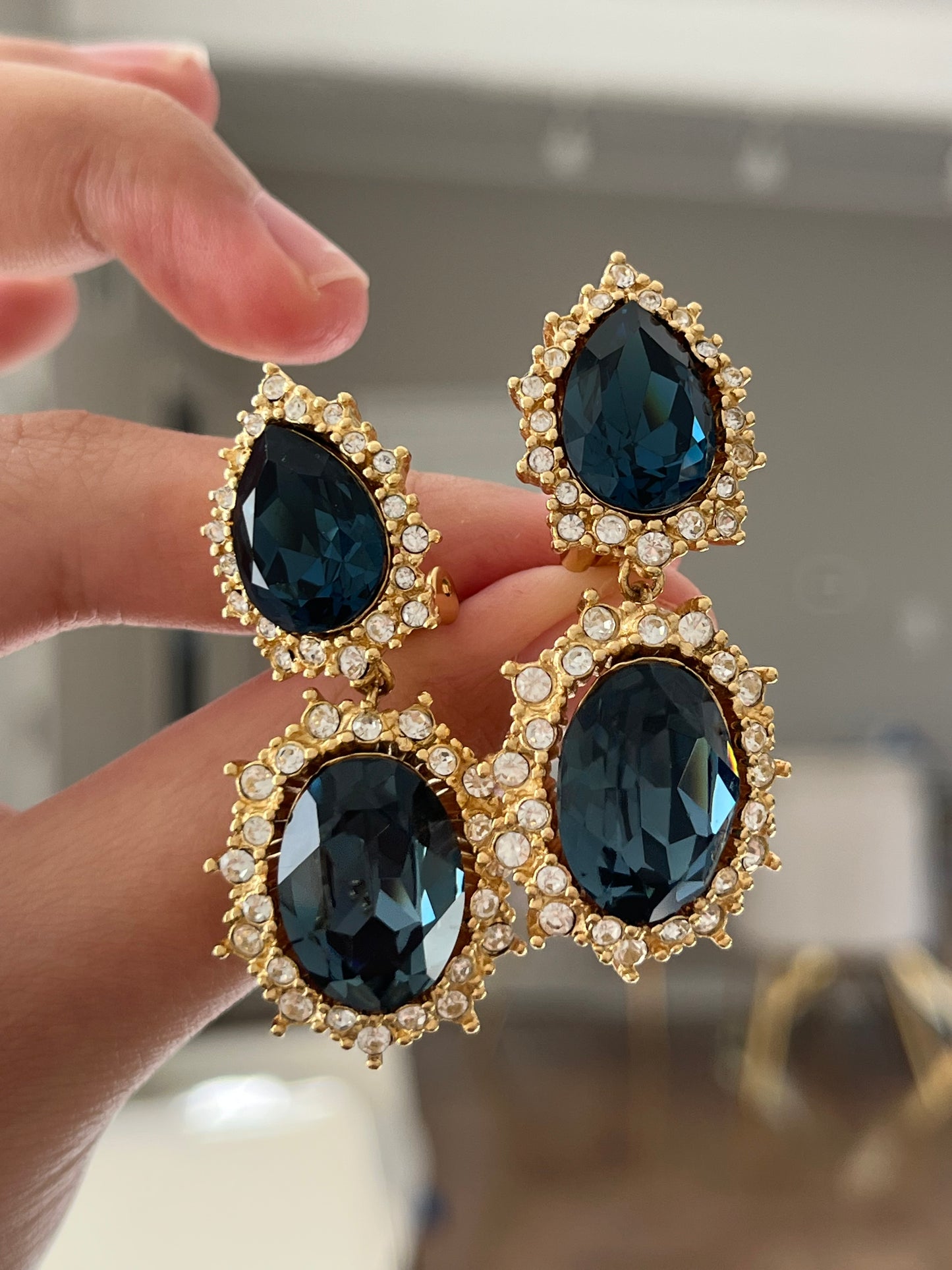 Vintage Christian Dior "Starburst" Collection Oval Blue Rhinestone Drop Dangle Gold-Tone Clip-On Earrings