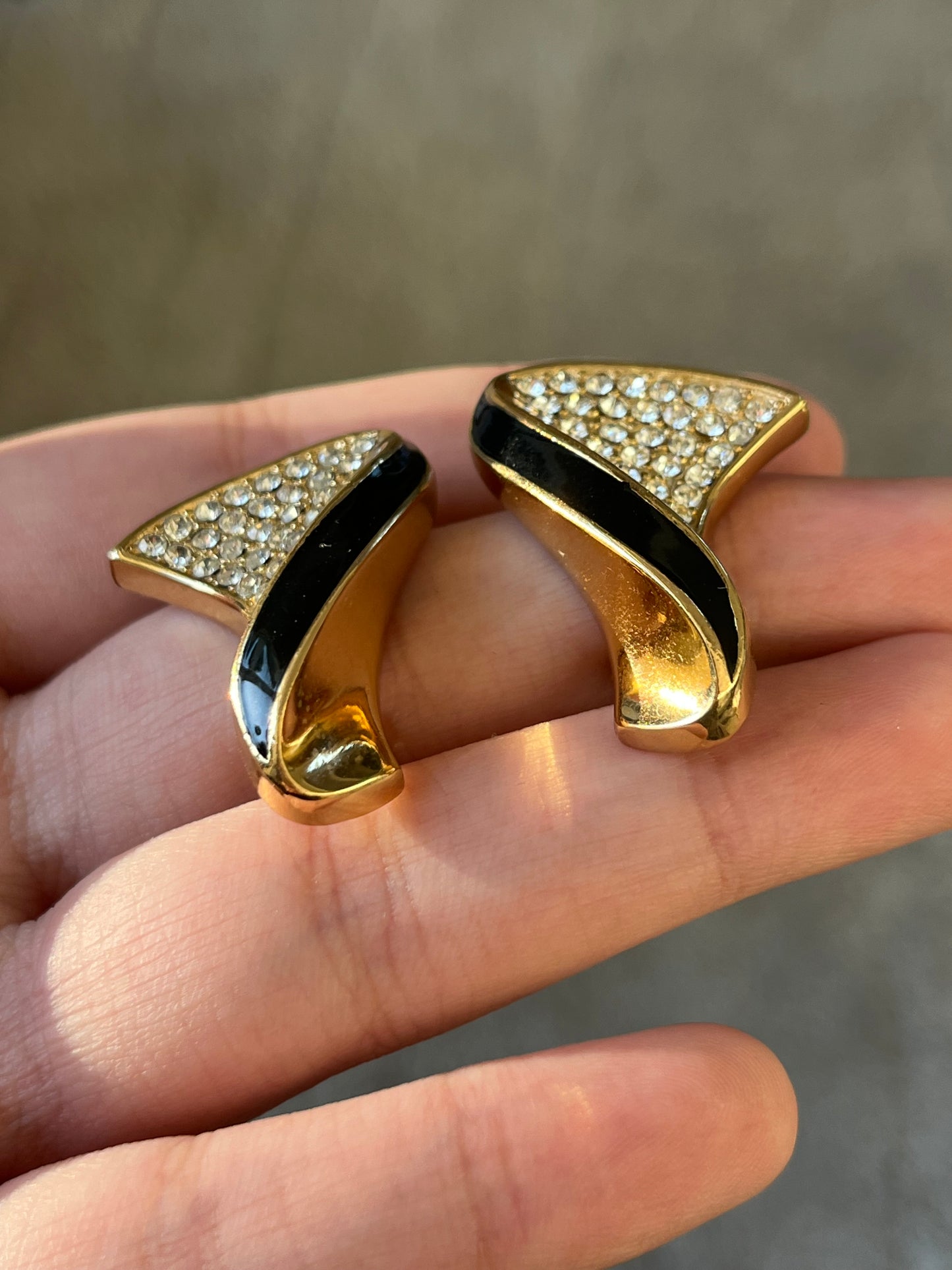 Vintage Christian Dior Classic Twisted Fan Black Enamel Rhinestone Pavé Gold-Tone Clip-On Earrings