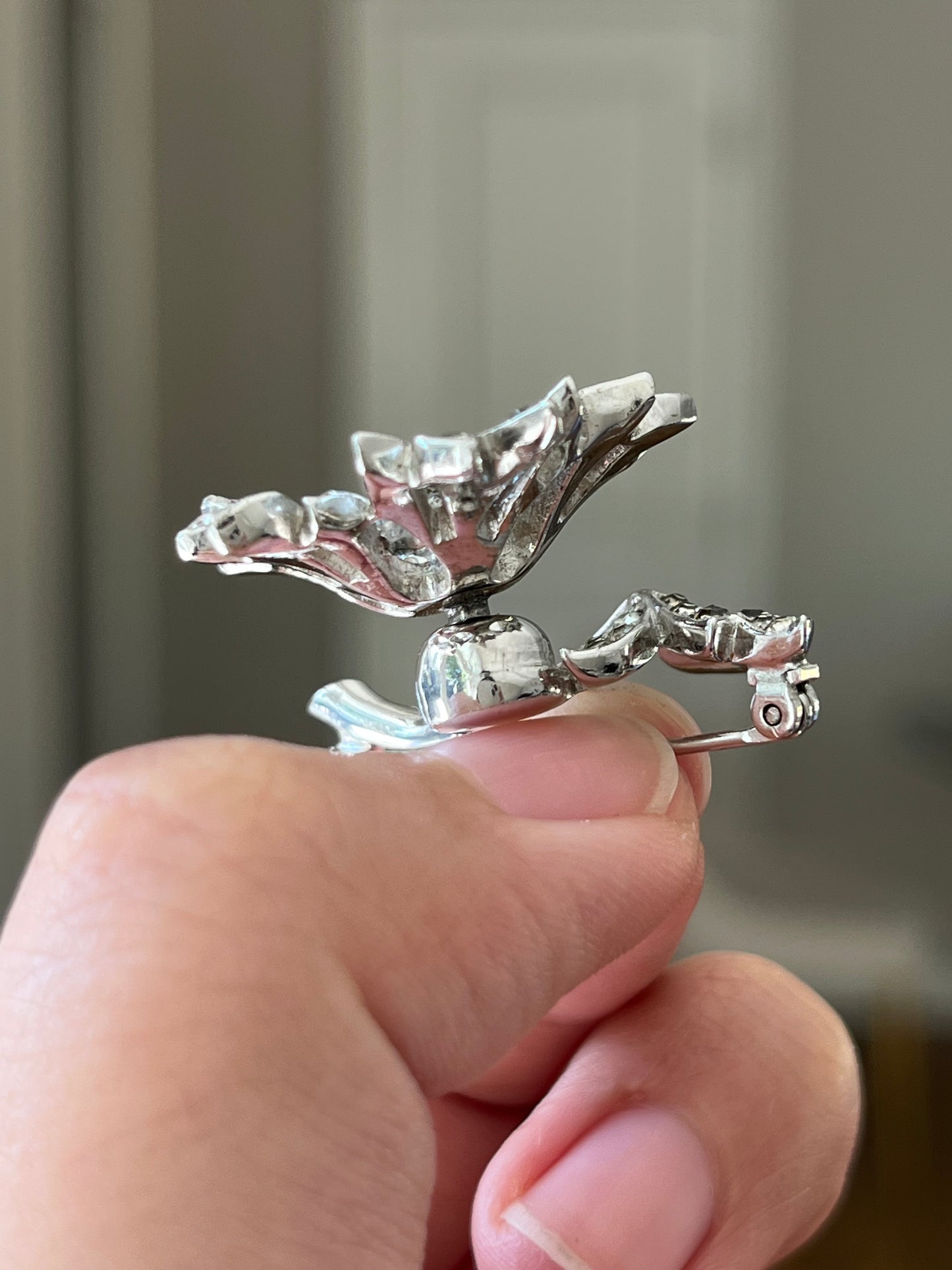 Vintage Christian Dior By Kramer 1940s "En Trembler" Trembling Flower Rhinestone Silver-Plated Brooch