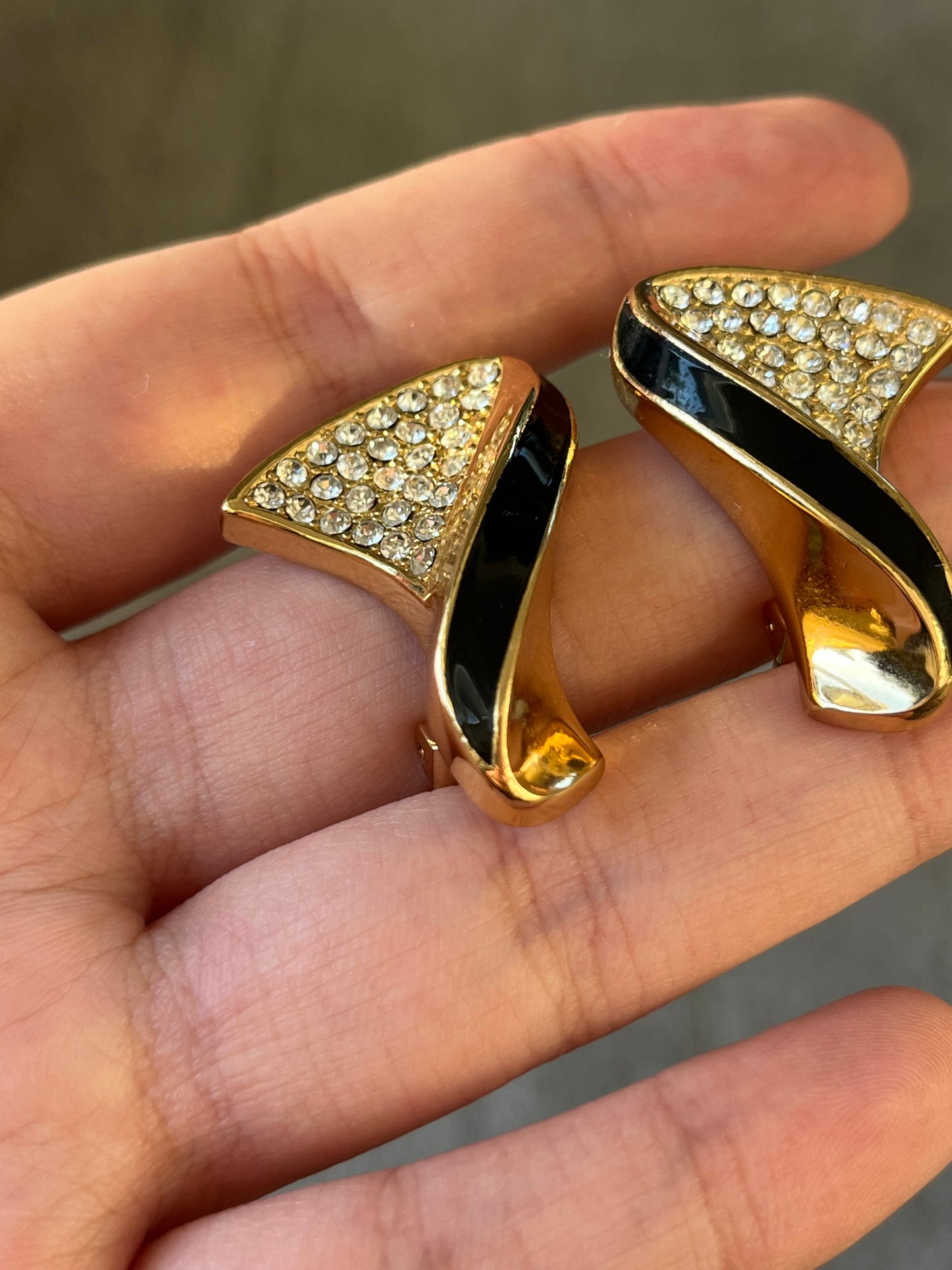 Vintage Christian Dior Classic Twisted Fan Black Enamel Rhinestone Pavé Gold-Tone Clip-On Earrings