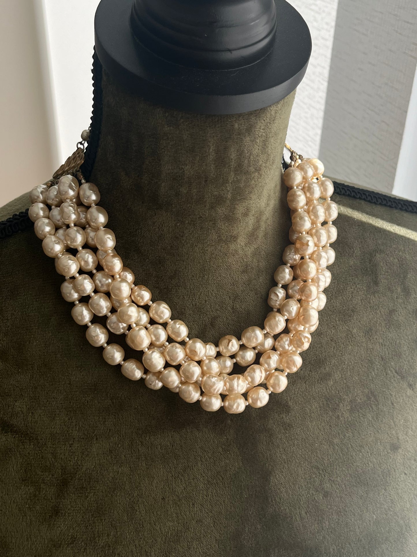 Vintage Miriam Haskell Classic "Niki" Baroque Glass Pearl Five-Stranded Beaded Layered Statement Necklace