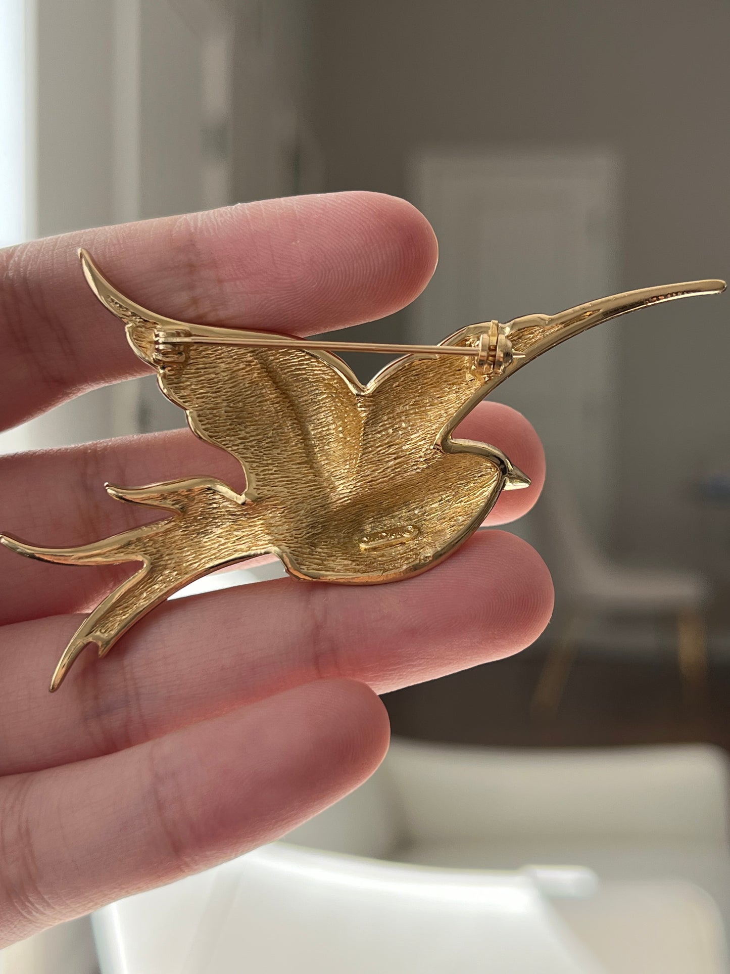 Vintage Christian Dior "Swallow" Bird Yellow Orange Rhinestone Pavé Gold-Tone Brooch