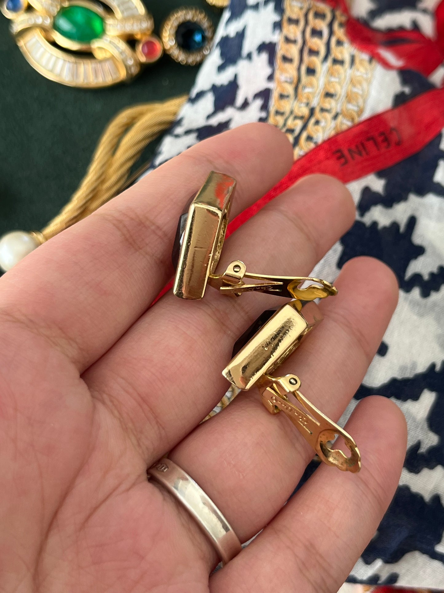 Vintage Christian Dior Diamond Cut Purple Rhinestone Bezel Set Gold-Tone Clip-On Earrings