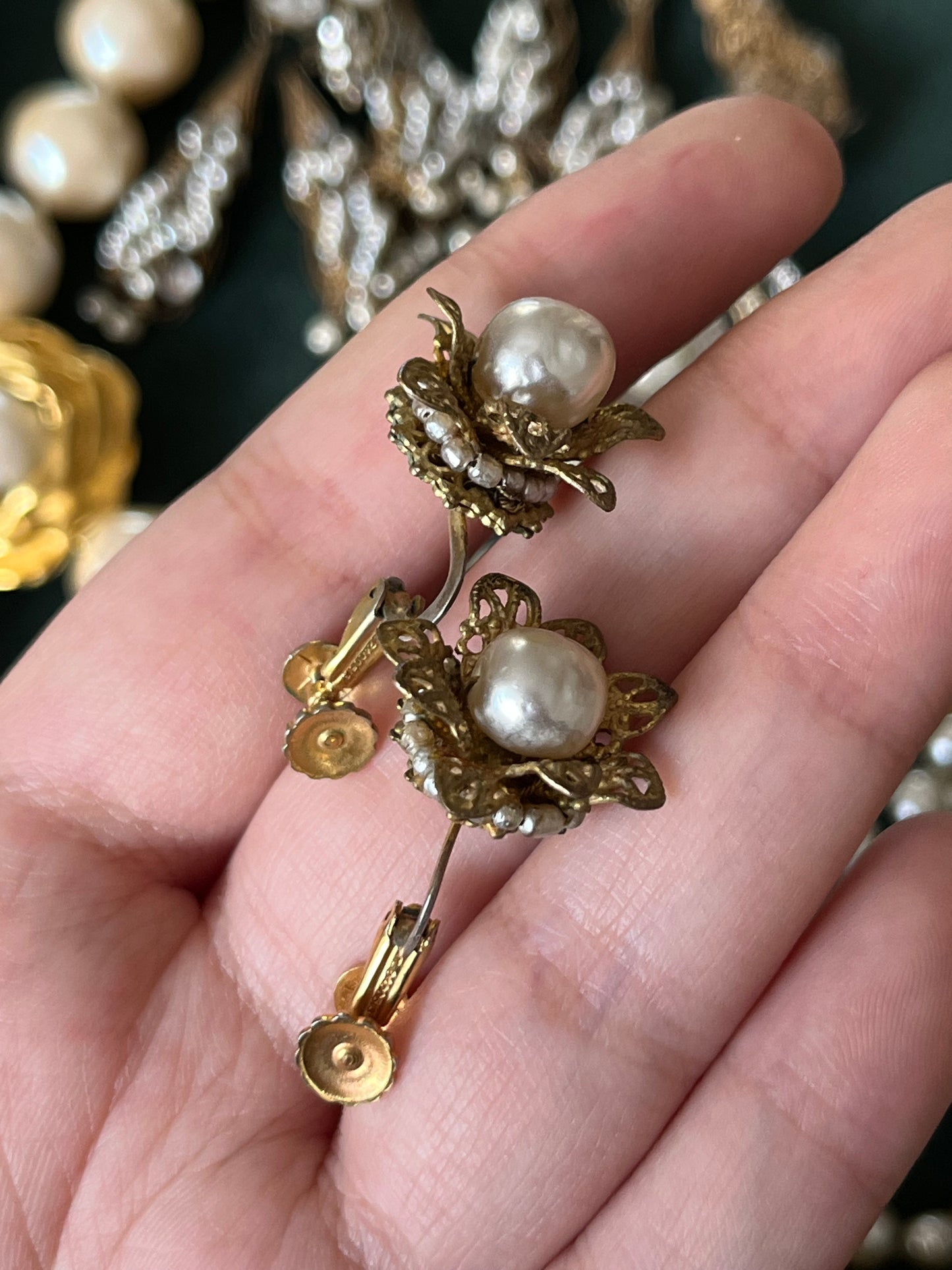 Vintage Miriam Haskell Classic "Niki" Baroque Glass Pearl Bronze-Tone Filigree Screw Back Clip-On Earrings