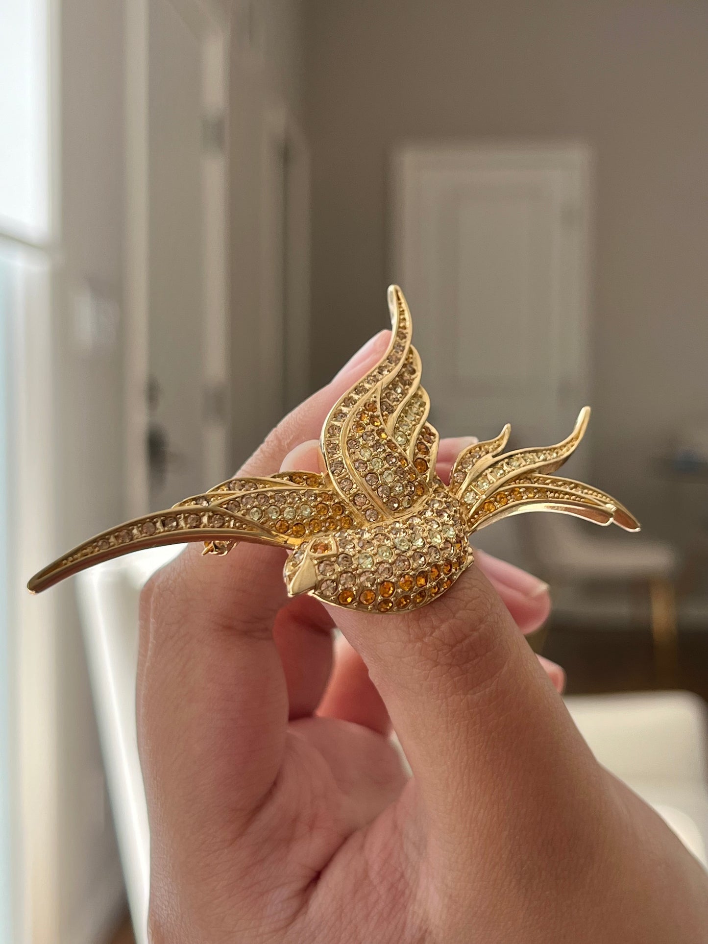 Vintage Christian Dior "Swallow" Bird Yellow Orange Rhinestone Pavé Gold-Tone Brooch