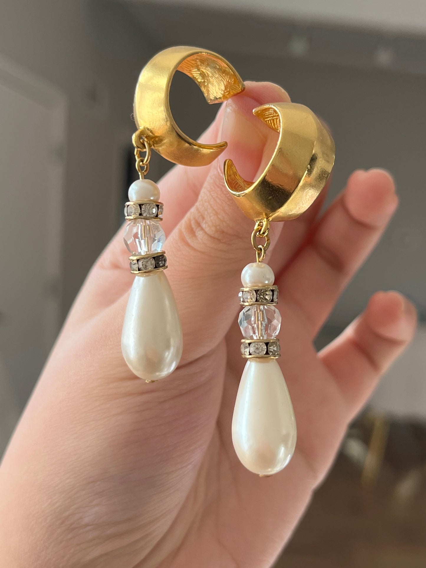 Vintage Givenchy Matte Gold Hoop Crystal Teardrop Pearl Dangle Drop  Long Shoulder Brush Sterling Silver Post Pierced Earrings