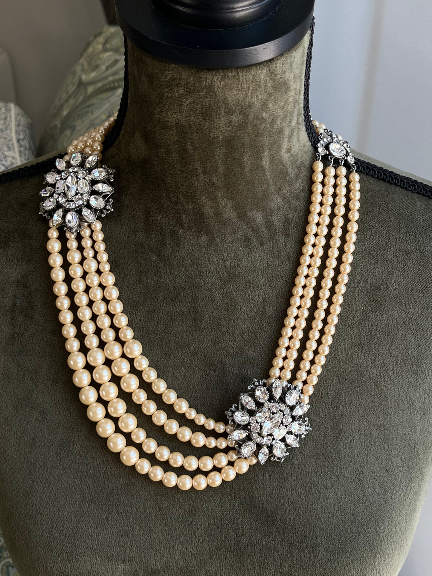Vintage Ben-Amun Maltese Flower Accent Pearl Beaded Four-Stranded Layered Long Silver-Tone Statement Necklace