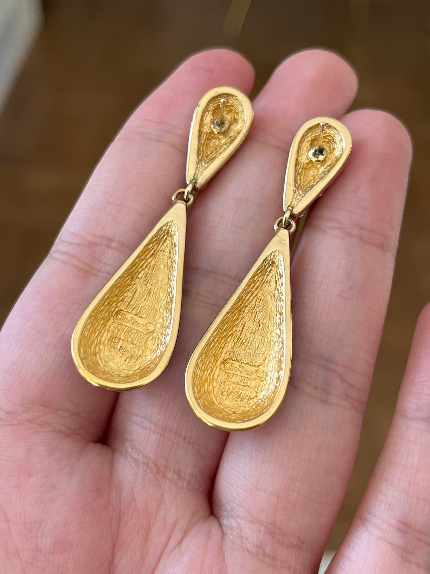 Vintage Christian Dior Teardrop Dangle Drop Black Enamel Rhinestone Gold-Tone 14k Gold Post Pierced Earrings