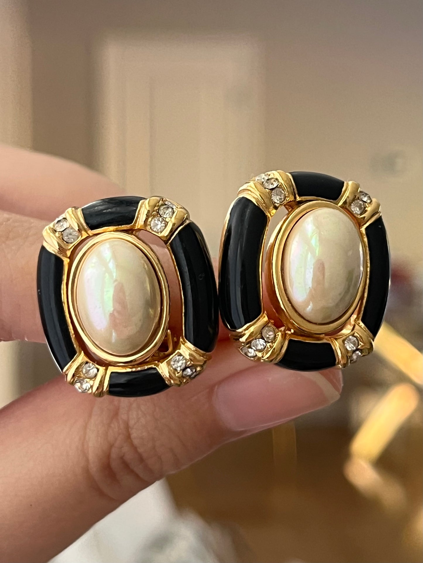 Vintage Christian Dior Oval Pearl Cabochon Hollow Black Enamel Edge Gold-Tone Clip-On Earrings