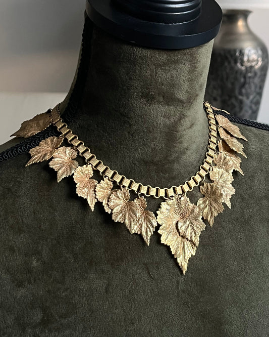 Vintage Miriam Haskell "Vine" Collection Vine Leaf Droplet Bib Collar Bronze Gold-Tone Statement Necklace