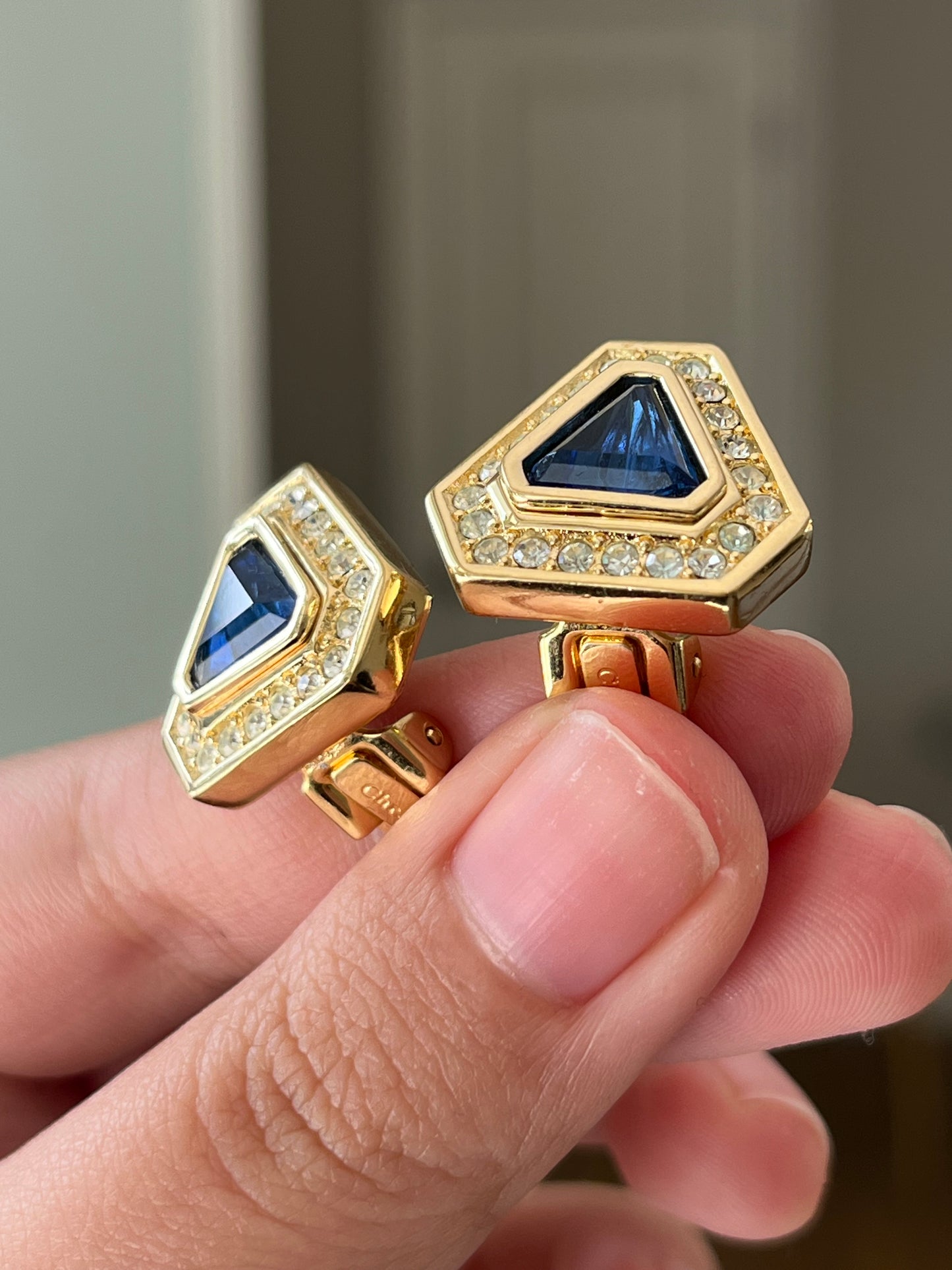 Vintage Christian Dior Triangular Blue Molded Glass Cabochon Rhinestone Gold-Tone Clip-On Earrings