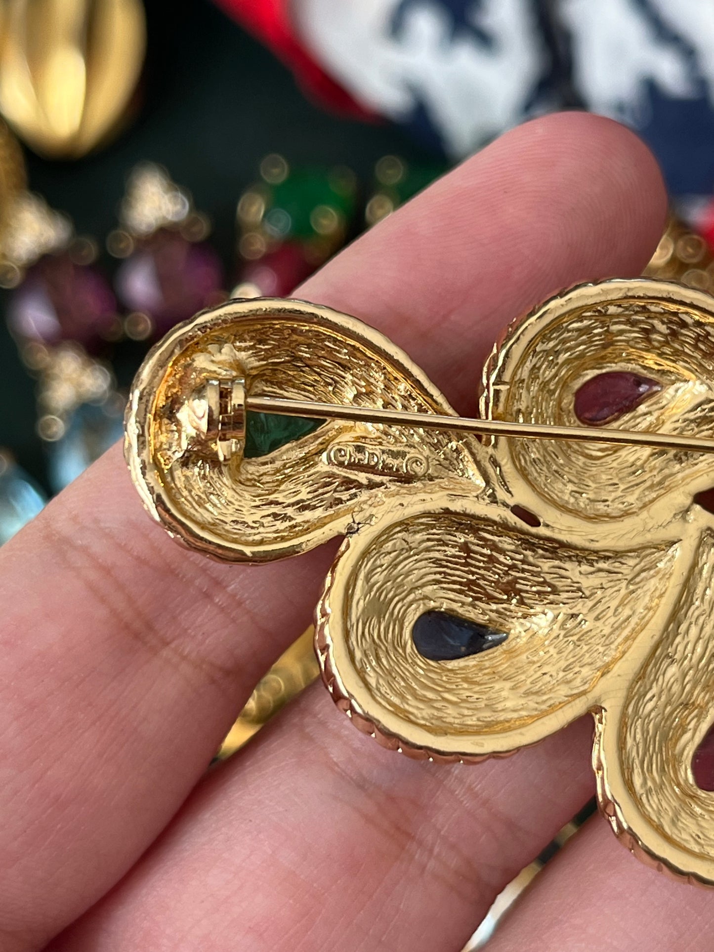 Vintage Christian Dior "Phoenix's Feather" Paisley Tri-Color Poured Glass Cabochon Gold-Tone Brooch