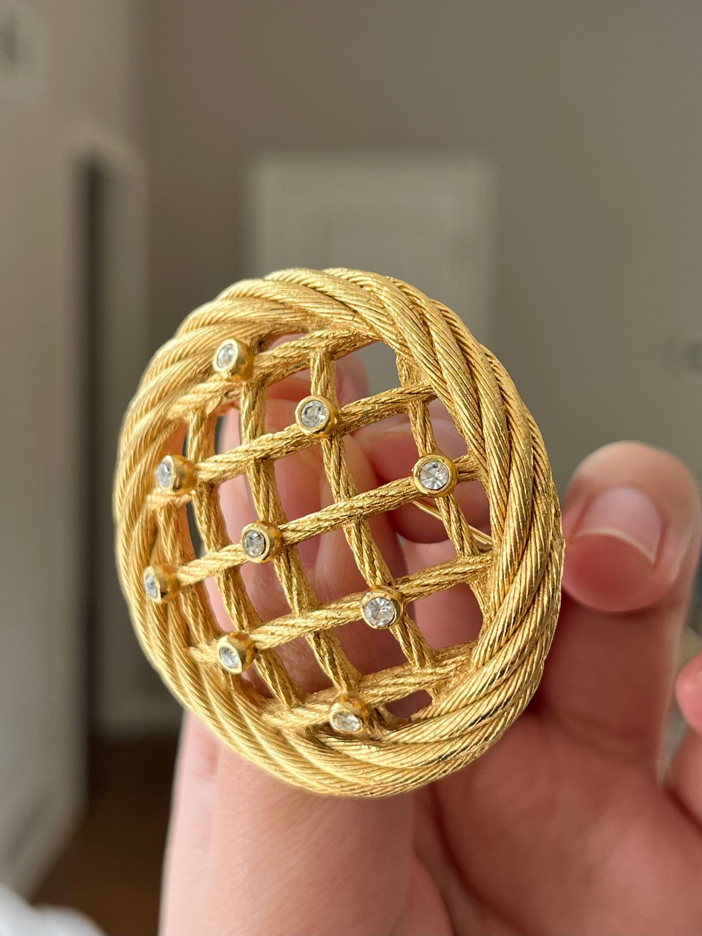 Vintage Christian Dior "Rope" Collection Dream Catcher Braided Knot Rhinestone Round Gold-Tone Brooch