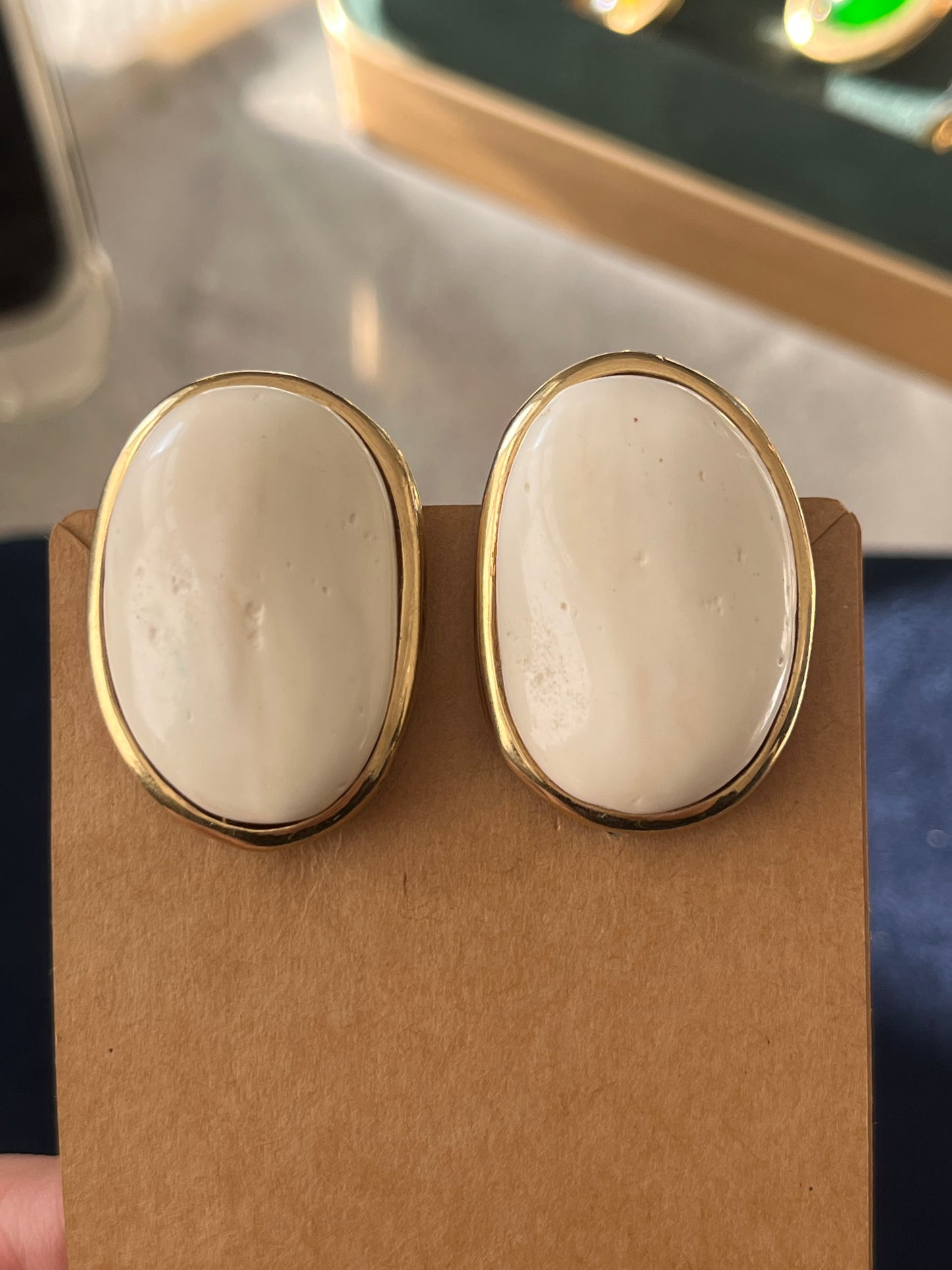 Vintage Givenchy Irregular Cream Faux Marble Shell Resin Cabochon Gold-Tone Clip-On Earrings