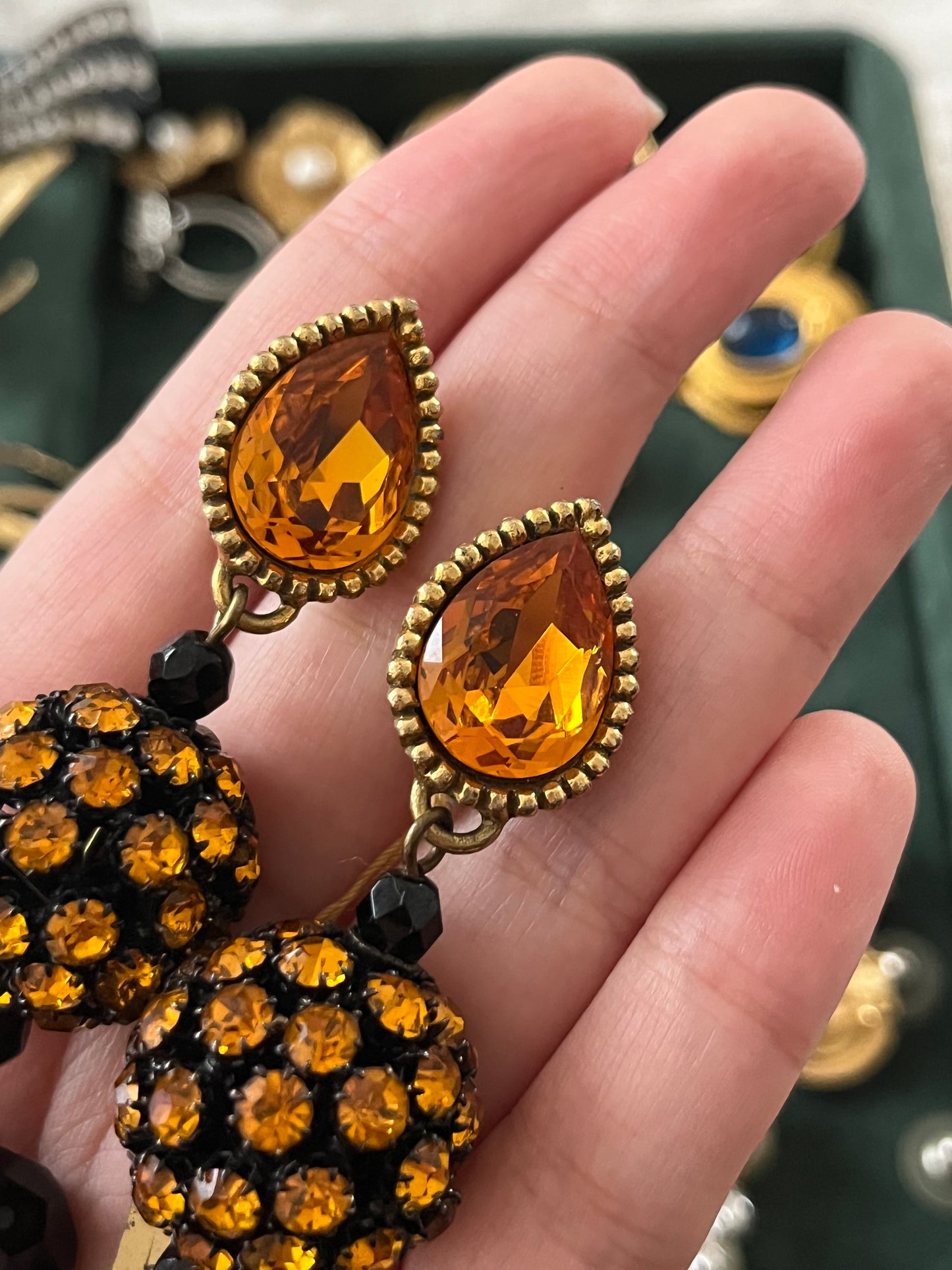 Vintage Yves Saint Laurent Rive Gauche YSL Orange Rhinestone Ball Dangle Drop Long Shoulder Brush Gold-Tone Clip-On Earrings