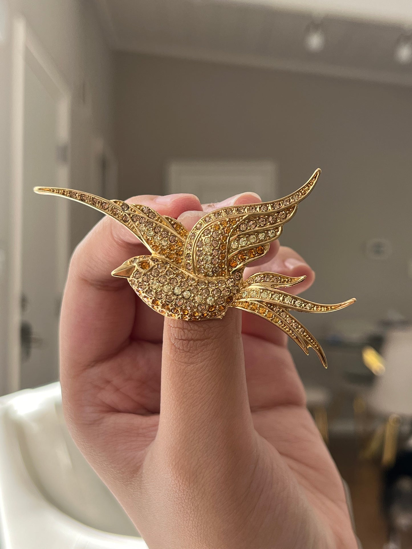Vintage Christian Dior "Swallow" Bird Yellow Orange Rhinestone Pavé Gold-Tone Brooch