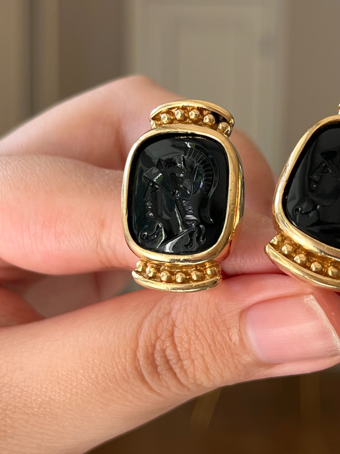 Vintage Givenchy Greek Hoplite Cameo Black Molded Glass Cabochon Gold-Tone Clip-On Earrings