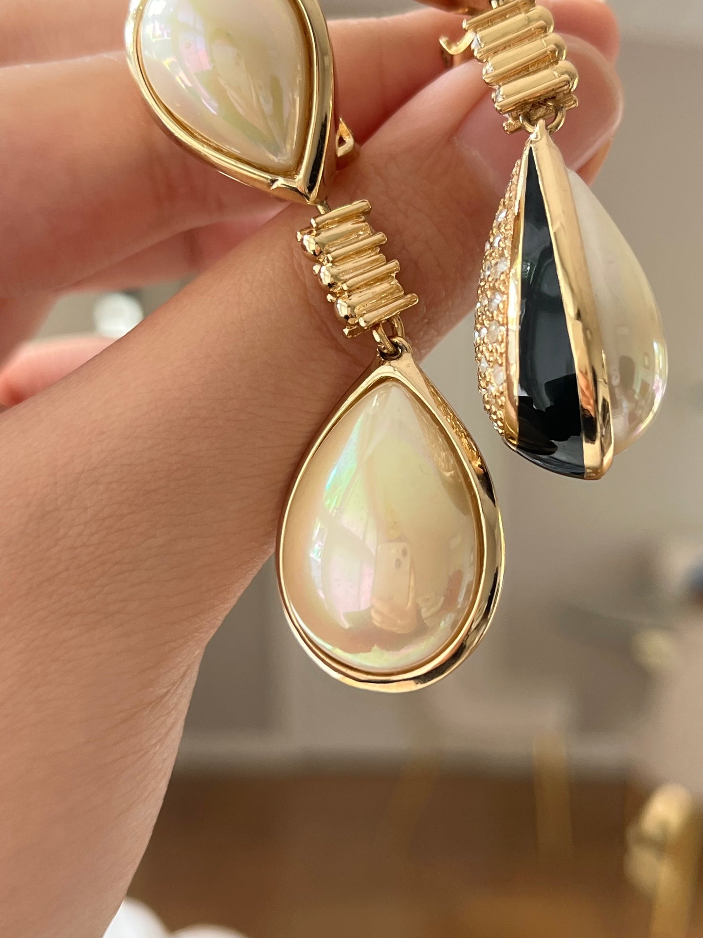 Vintage Christian Dior Pearl Black Enamel Rhinestone Pavé Teardrop Dangle Drop Long Shoulder Brush Two-Side Gold-Tone Clip-On Earrings