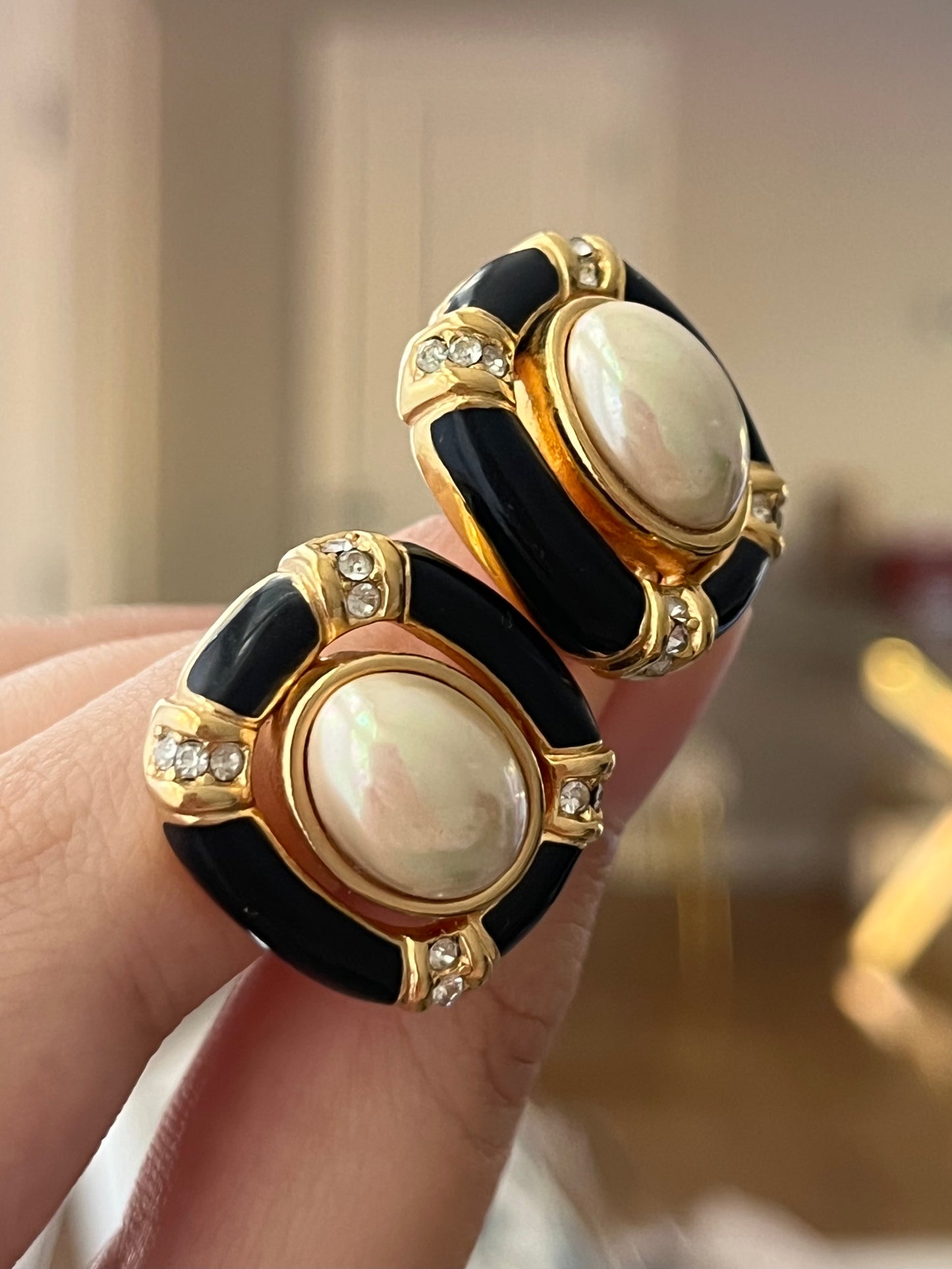 Vintage Christian Dior Oval Pearl Cabochon Hollow Black Enamel Edge Gold-Tone Clip-On Earrings