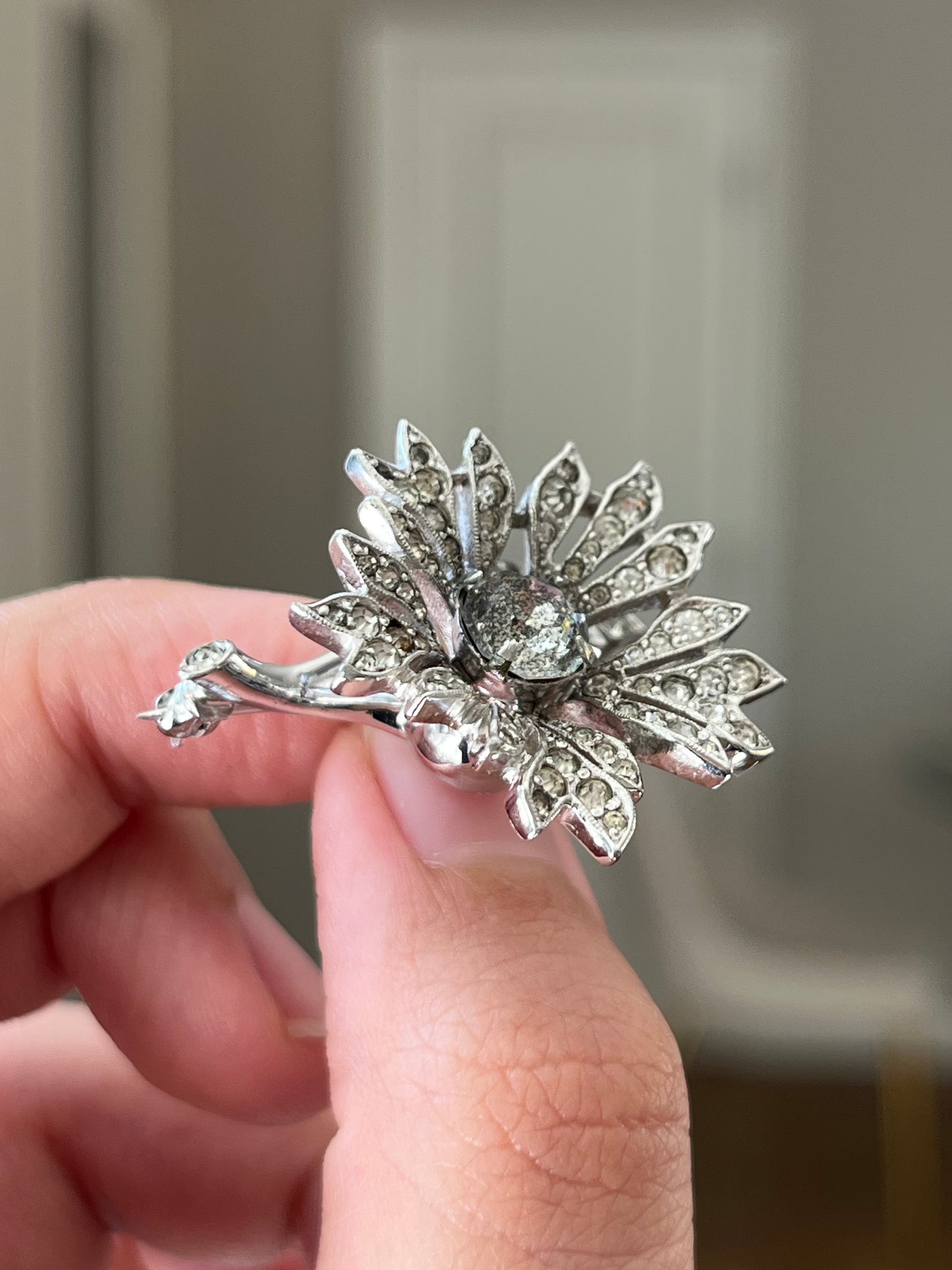 Vintage Christian Dior By Kramer 1940s "En Trembler" Trembling Flower Rhinestone Silver-Plated Brooch