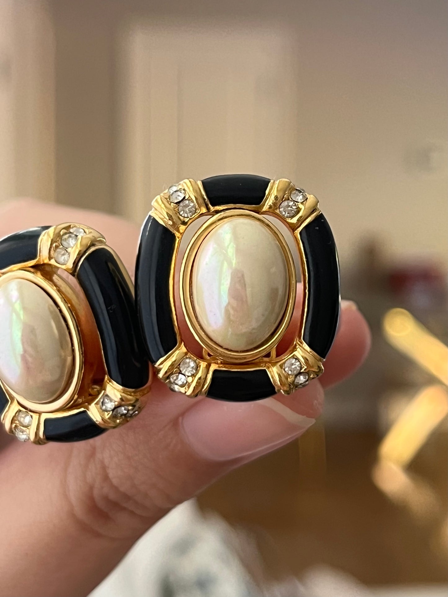 Vintage Christian Dior Oval Pearl Cabochon Hollow Black Enamel Edge Gold-Tone Clip-On Earrings