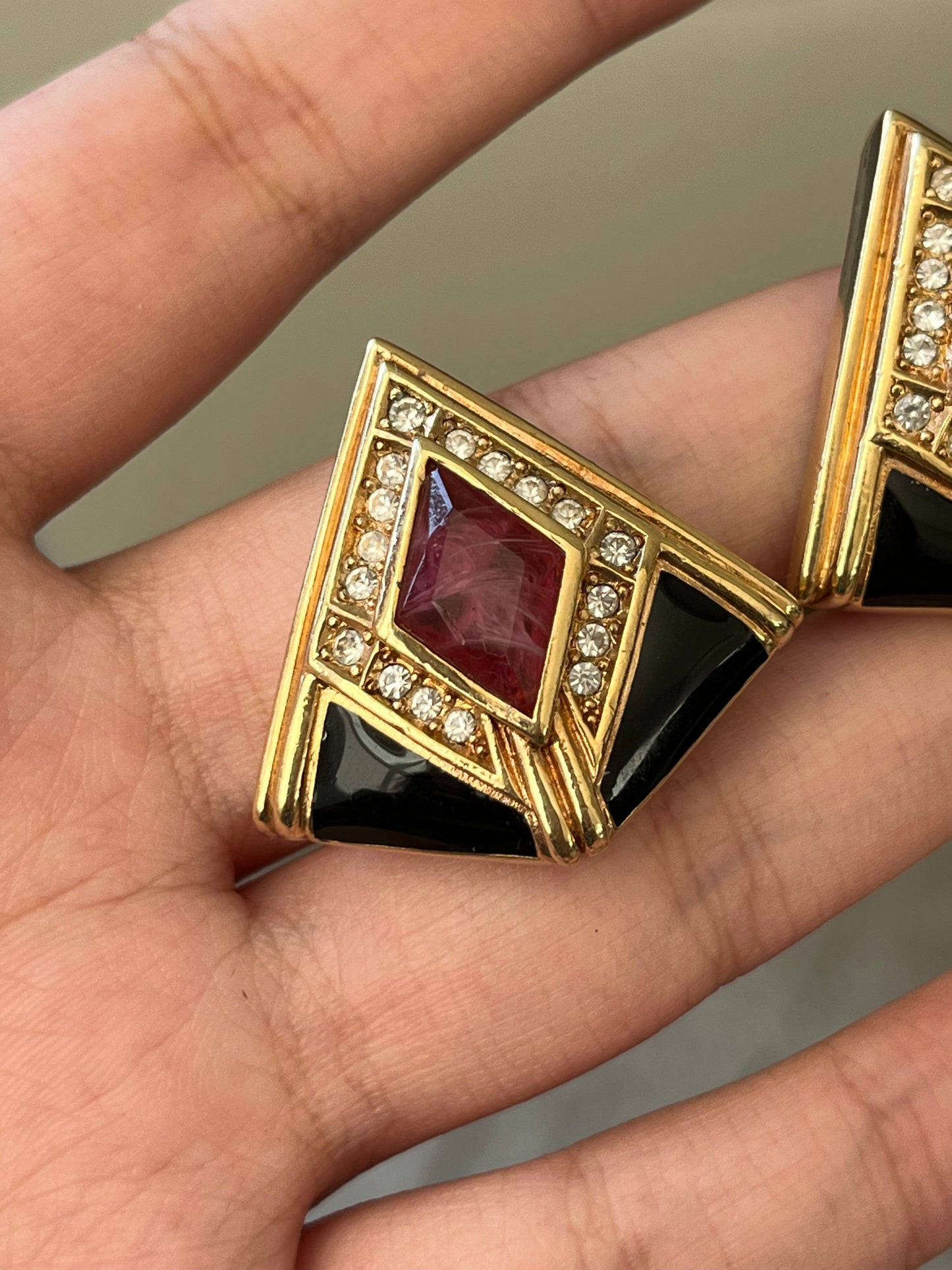 Vintage Christian Dior Red Swirly Glass Cabochon Black Enamel Rhinestone Triangular Gold-Plated Clip-On Earrings