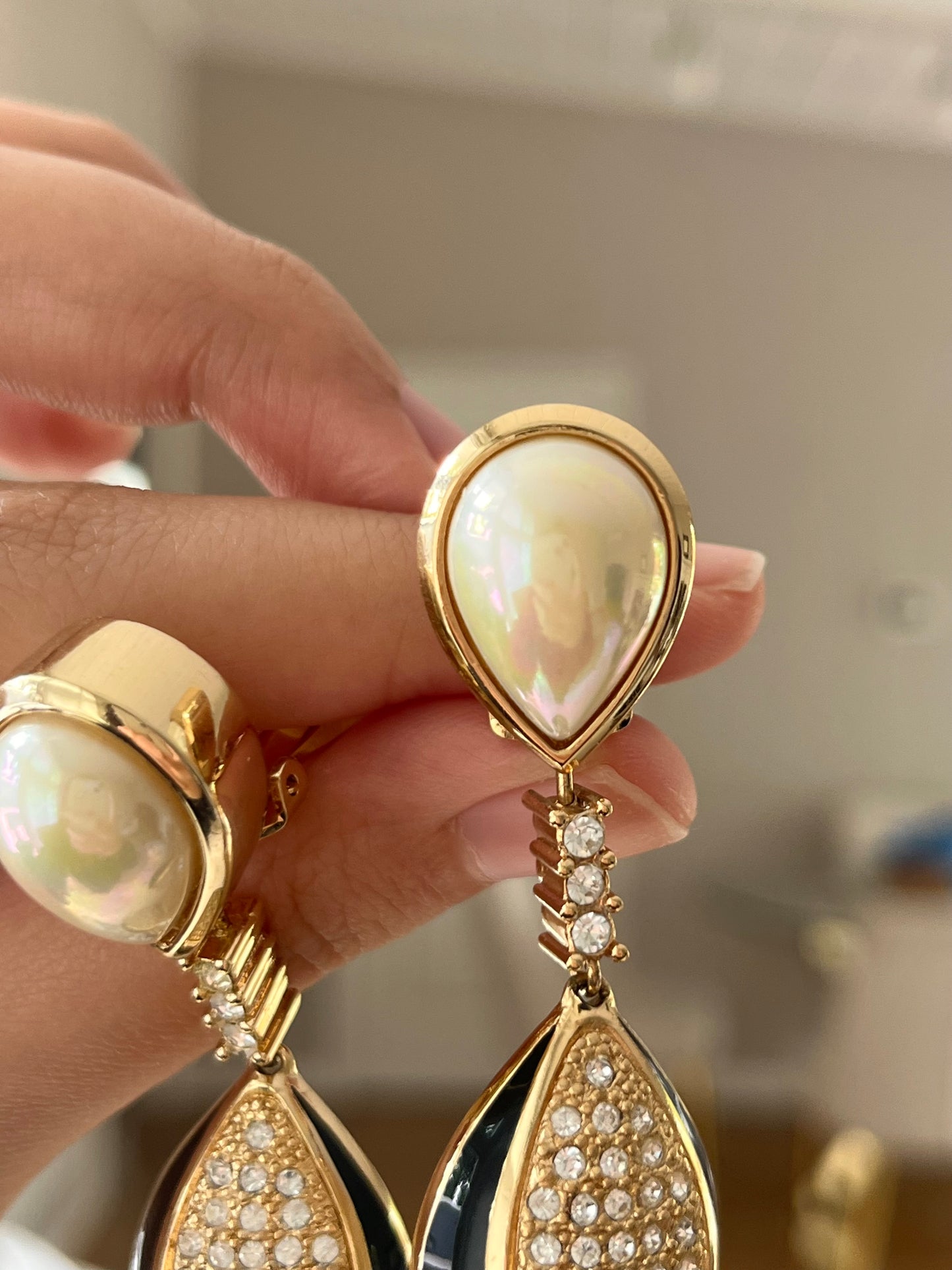 Vintage Christian Dior Pearl Black Enamel Rhinestone Pavé Teardrop Dangle Drop Long Shoulder Brush Two-Side Gold-Tone Clip-On Earrings