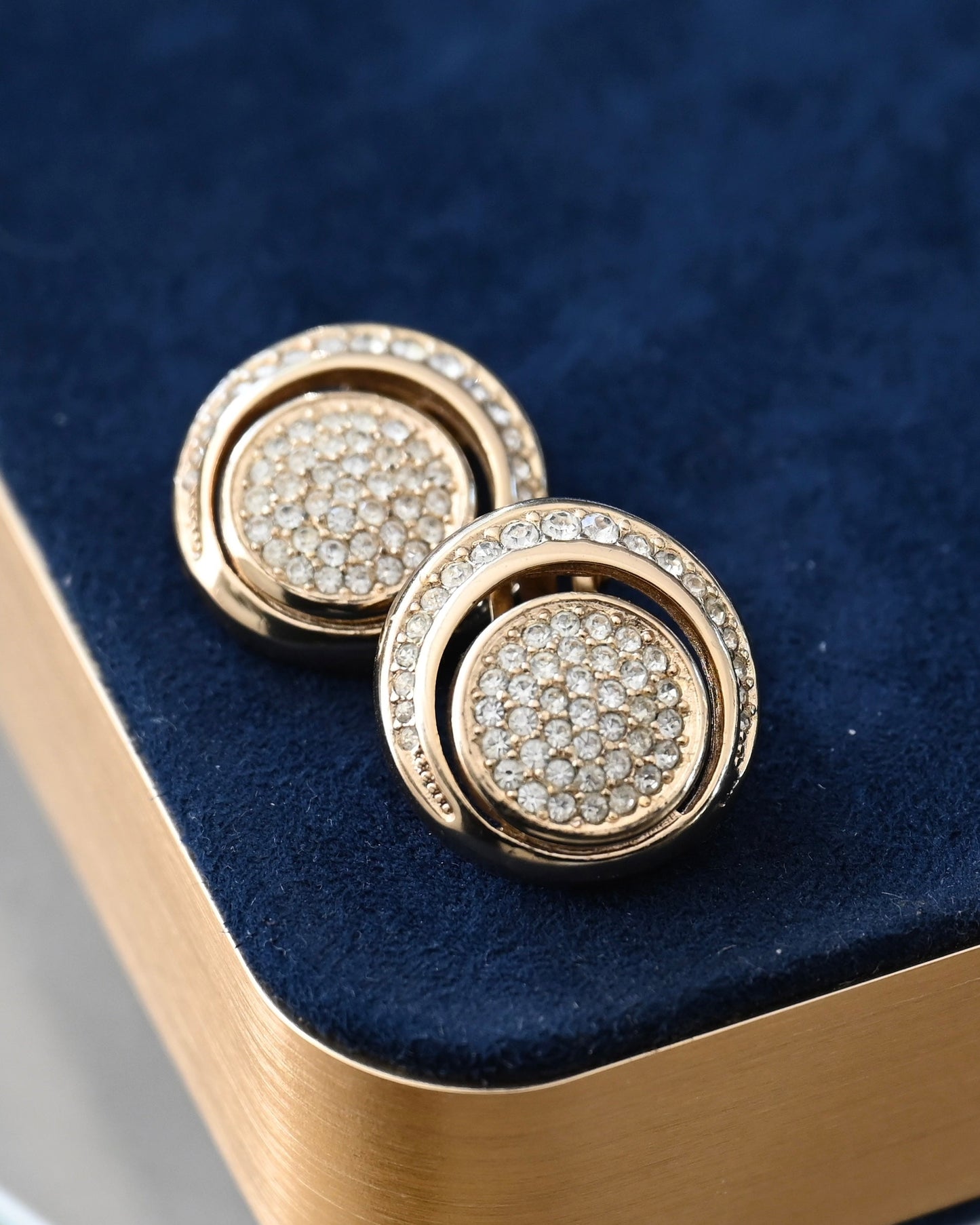 Vintage Christian Dior Rhinestone Pavé Round Gold-Tone Clip-On Earrings